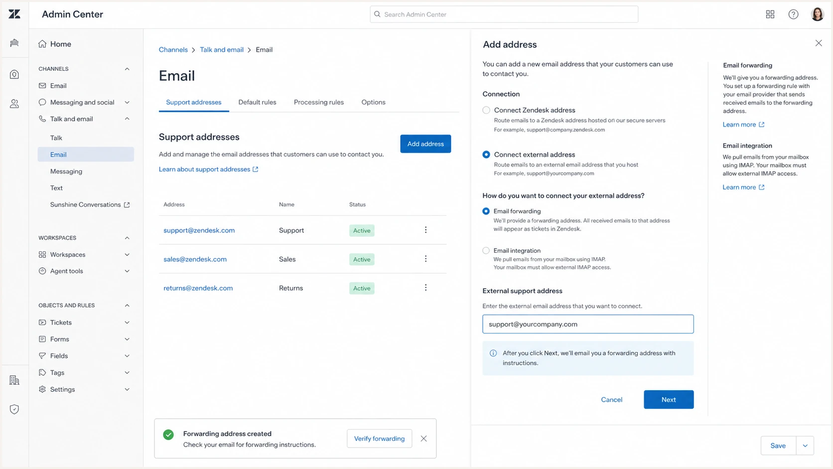 Zendesk external support address and email forwarding setup