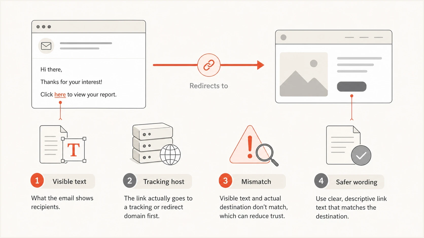 A diagram showing visible link text, a tracking host, and safer wording.