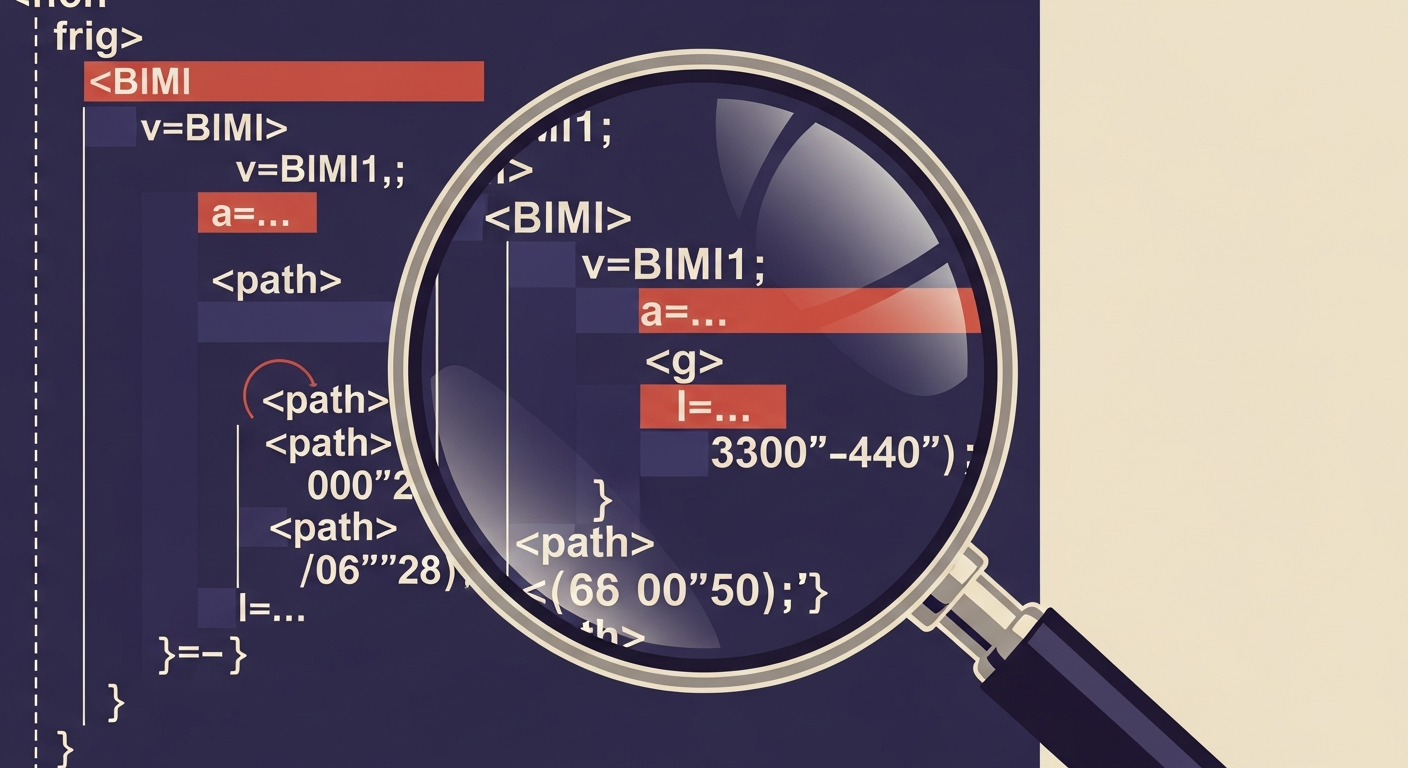 A magnifying glass hovering over lines of SVG code, highlighting the intricate details of BIMI compliance.
