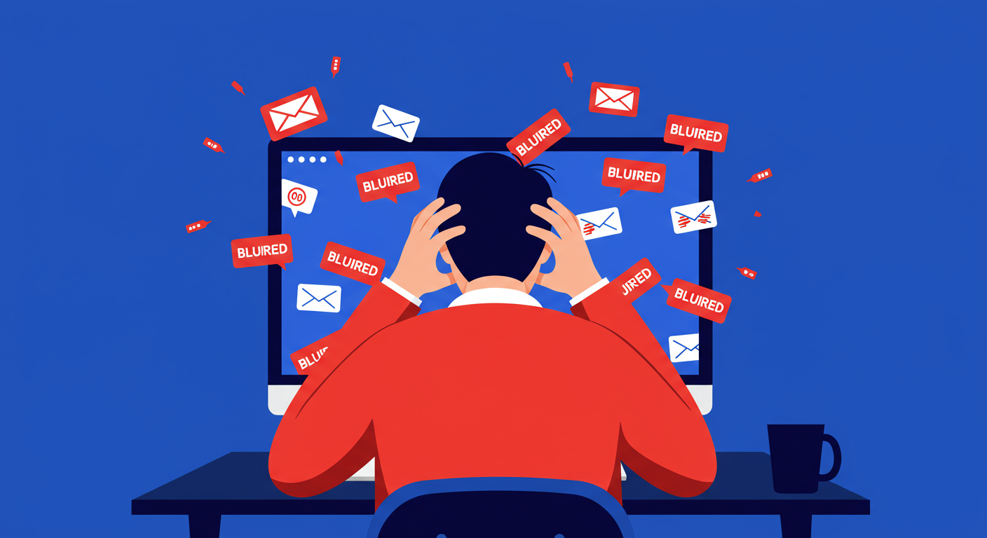 A frustrated person sits at a desk, head in hands, in front of a computer screen showing bounced email notifications and error symbols. The style of the images should be A minimalist retro illustration in the style of Malika Favre. Dominant colors are bright poppy red and deep royal blue. Vector art, high contrast. Do not put any words in the image or alphanumeric characters. 