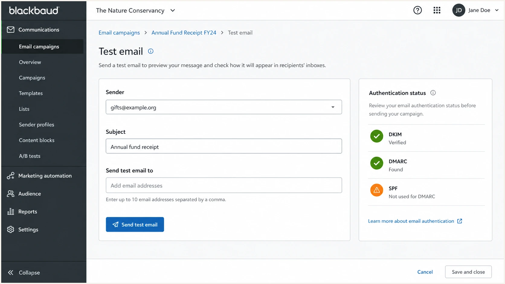 Blackbaud test email screen with authentication status.