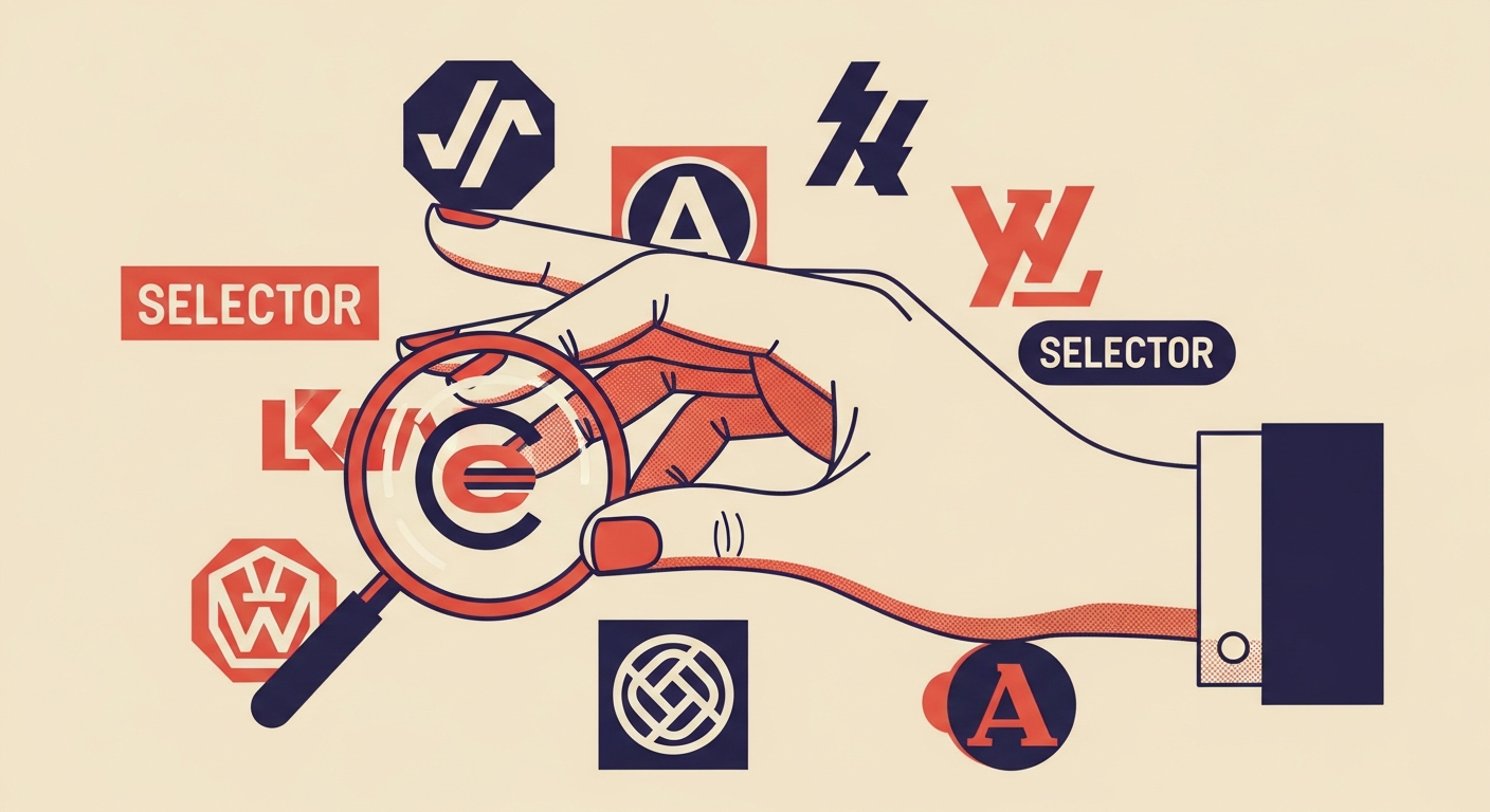 A hand sorting through various brand logos, highlighting the use of selectors in BIMI