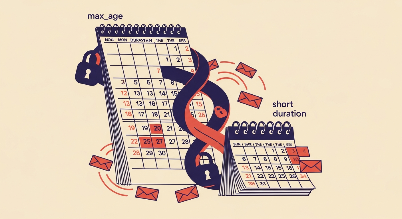Abstract illustration of calendars showing short versus long MTA-STS max_age, with security symbols.
