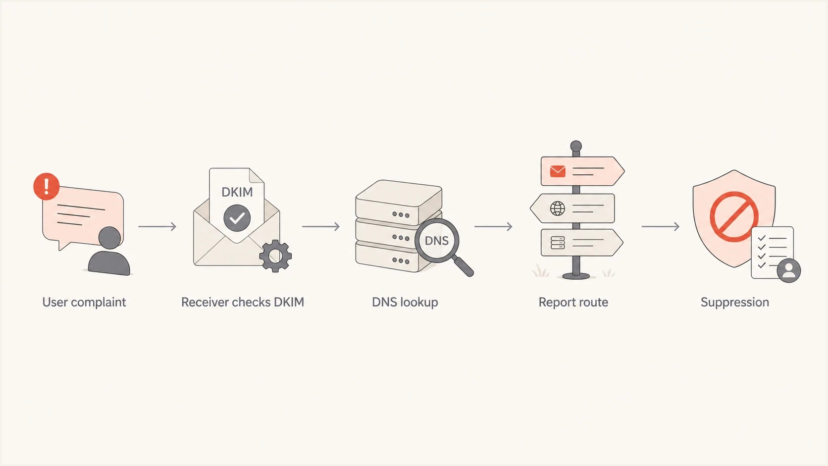 DKIM FBL flow: user complaint, DKIM check, DNS lookup, report route, suppression.