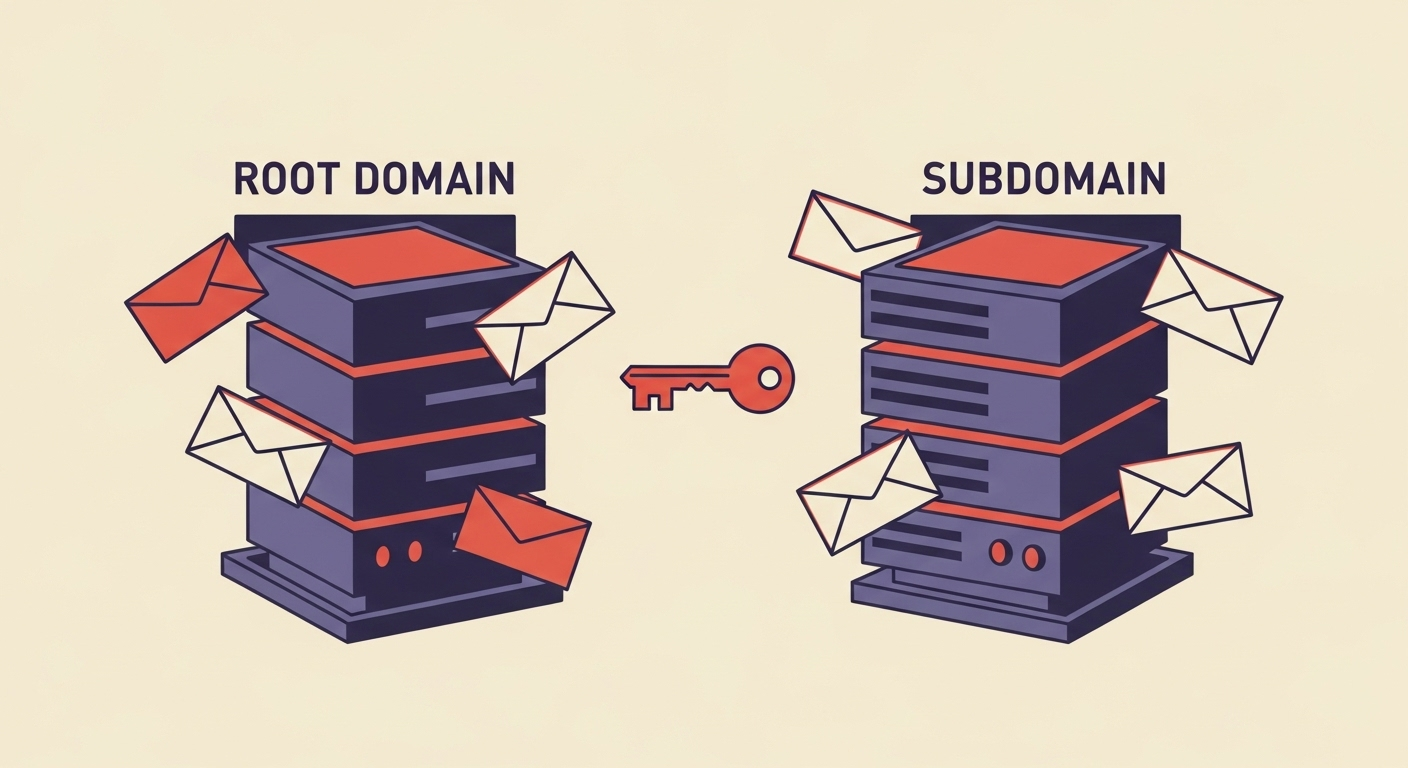 Two servers representing root and subdomain, with mail and a key, illustrating DKIM record placement