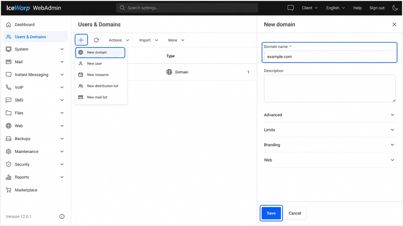 IceWarp WebAdmin New domain form