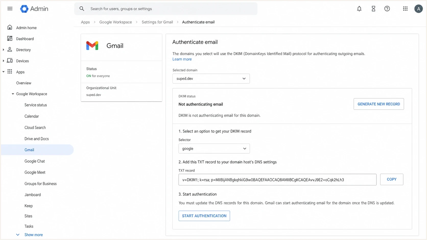 Google Admin console showing DKIM setup for a selected Workspace sending domain.