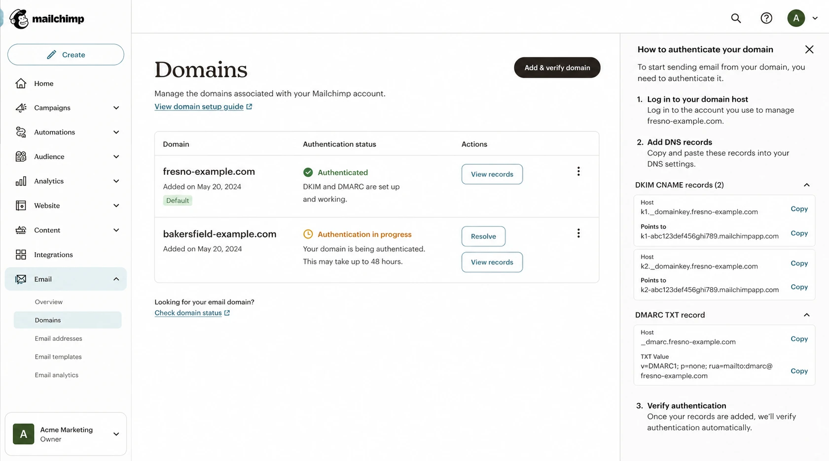 Mailchimp Domains page showing two sending domains with different authentication states.