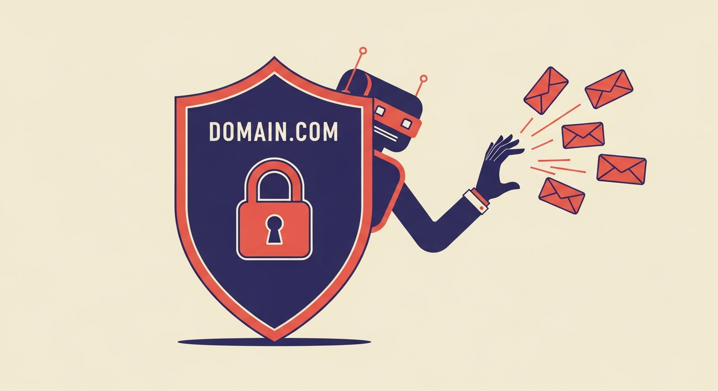 A stylized shield protecting a domain name, with a lock indicating security, while a spambot in the background is blocked from sending emails.