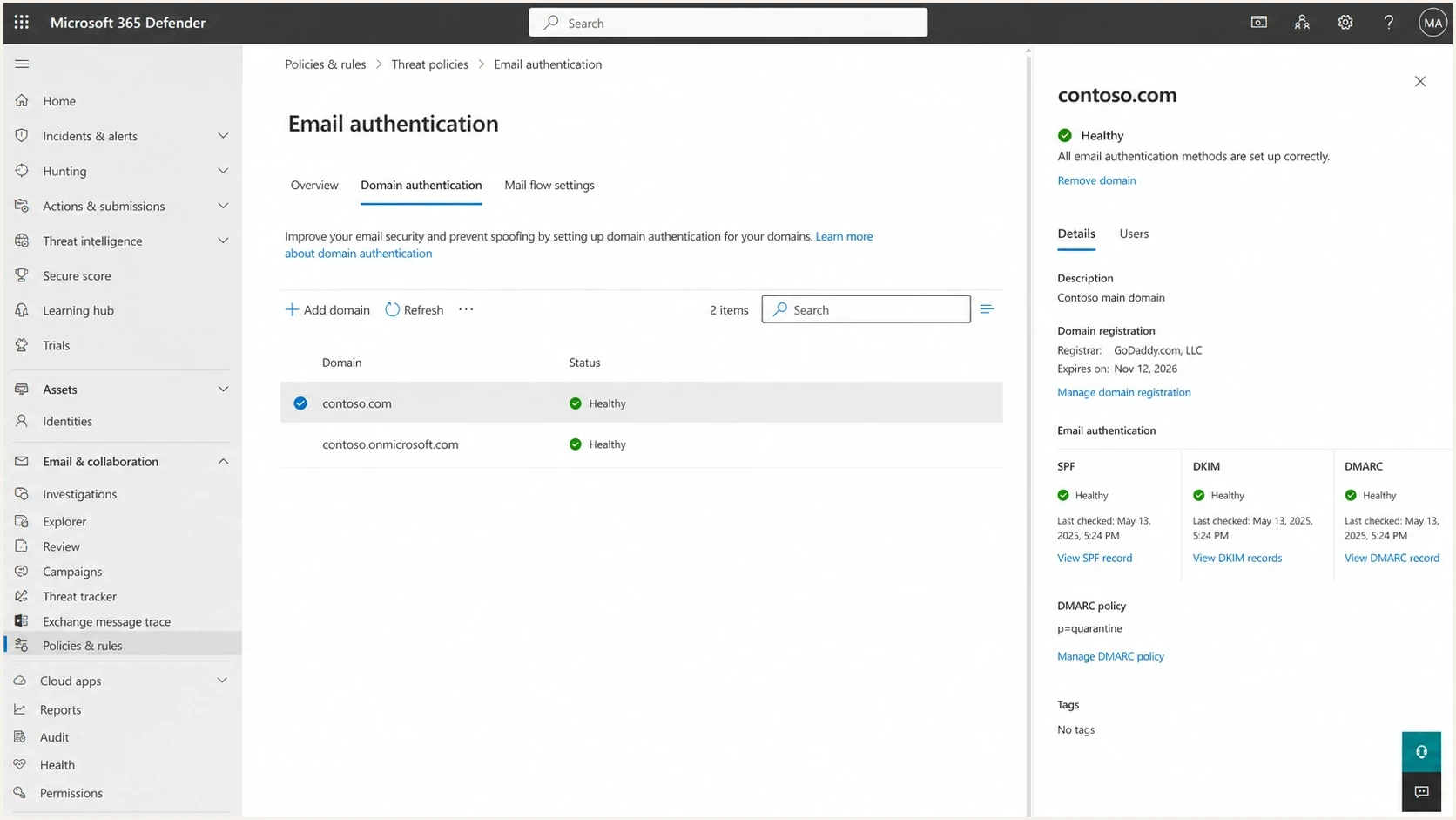 Microsoft Defender portal domain authentication screen