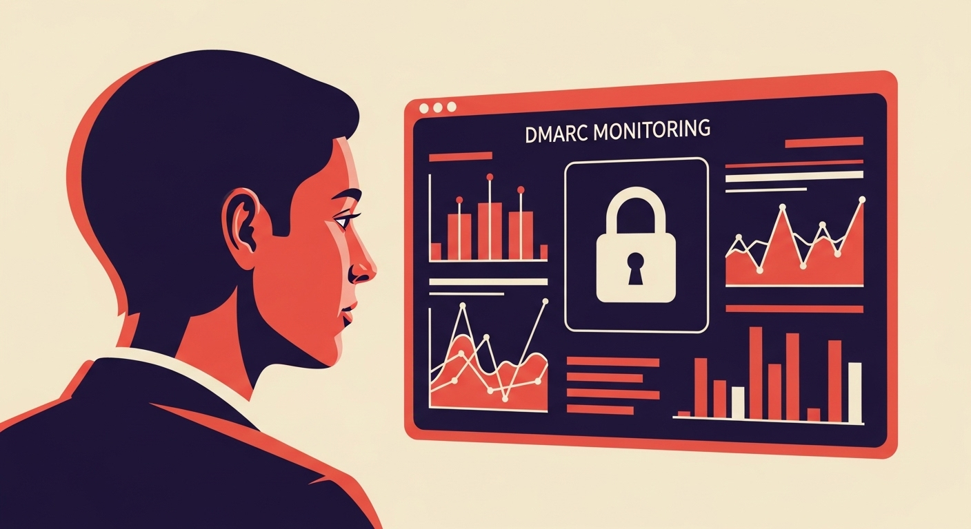 An illustration of a person monitoring DMARC data, highlighting email security