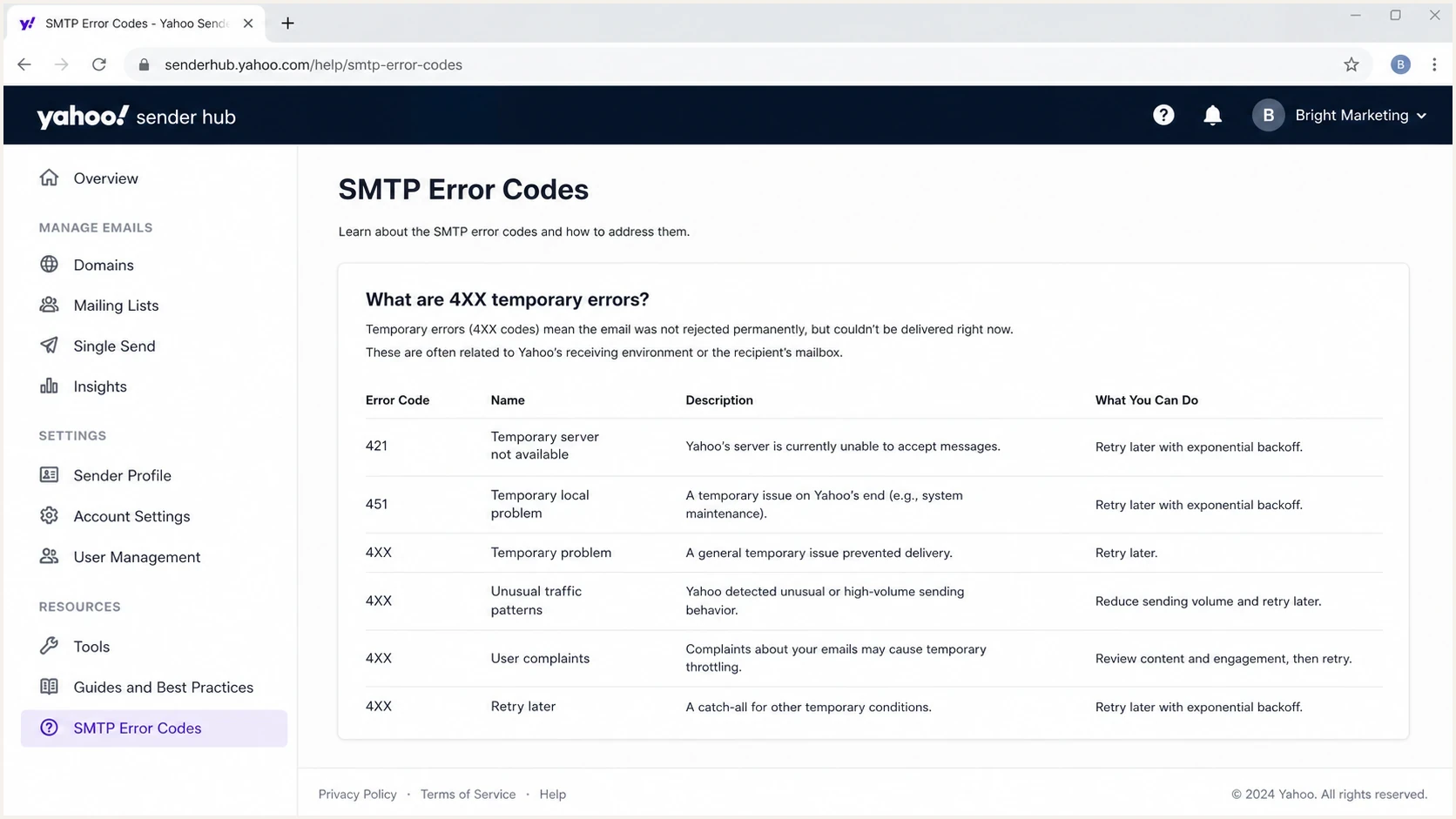 Yahoo Sender Hub guidance for 421 and 451 temporary SMTP errors.