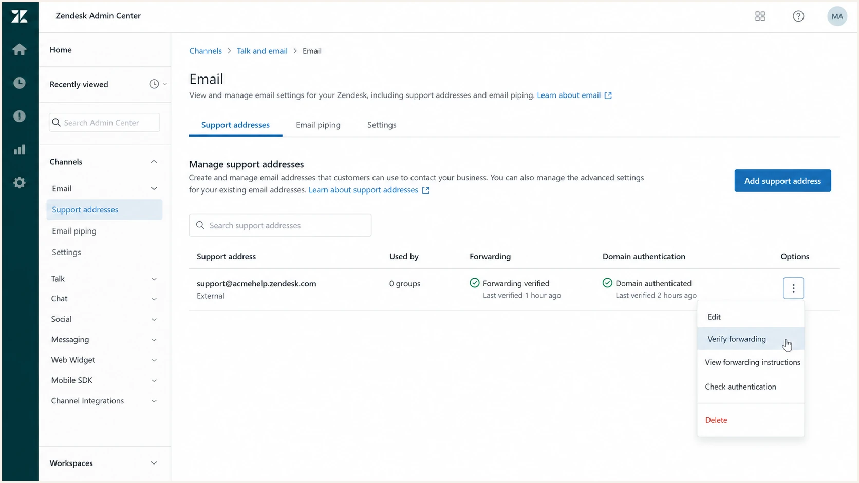 Zendesk support address showing verified forwarding status