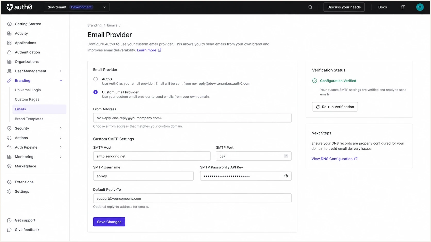 Auth0 dashboard email provider settings for a production email sender.