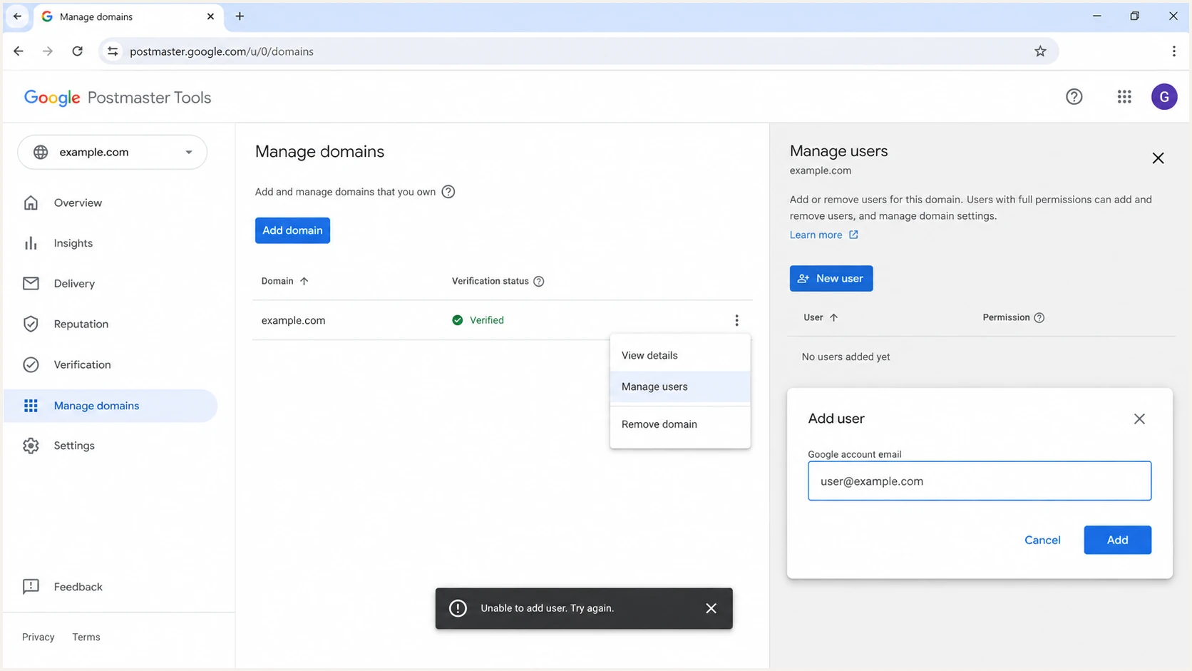 Google Postmaster Tools v2 Manage users screen