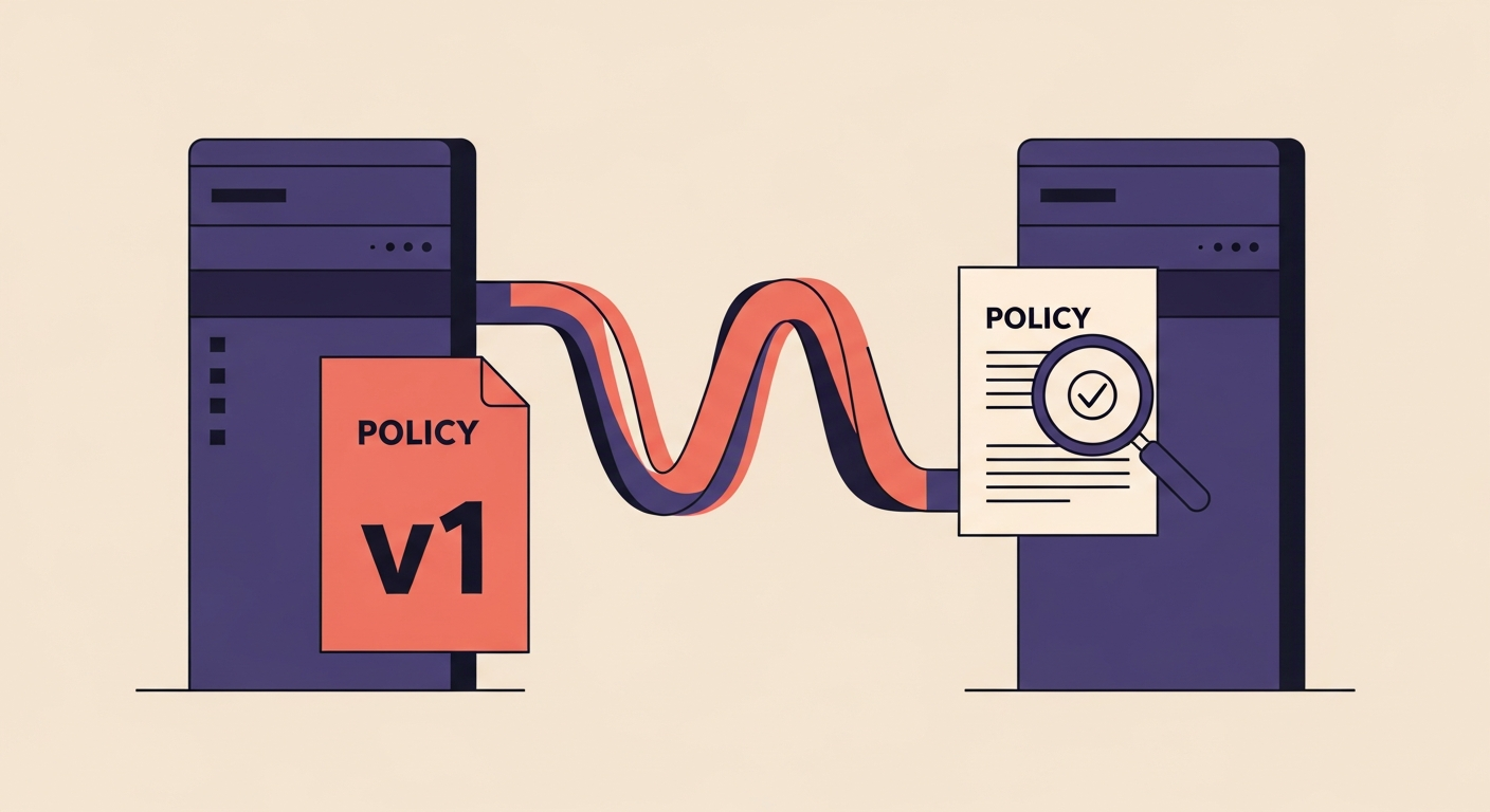 Two mail servers securely exchanging emails, emphasizing the MTA-STS policy's version field.