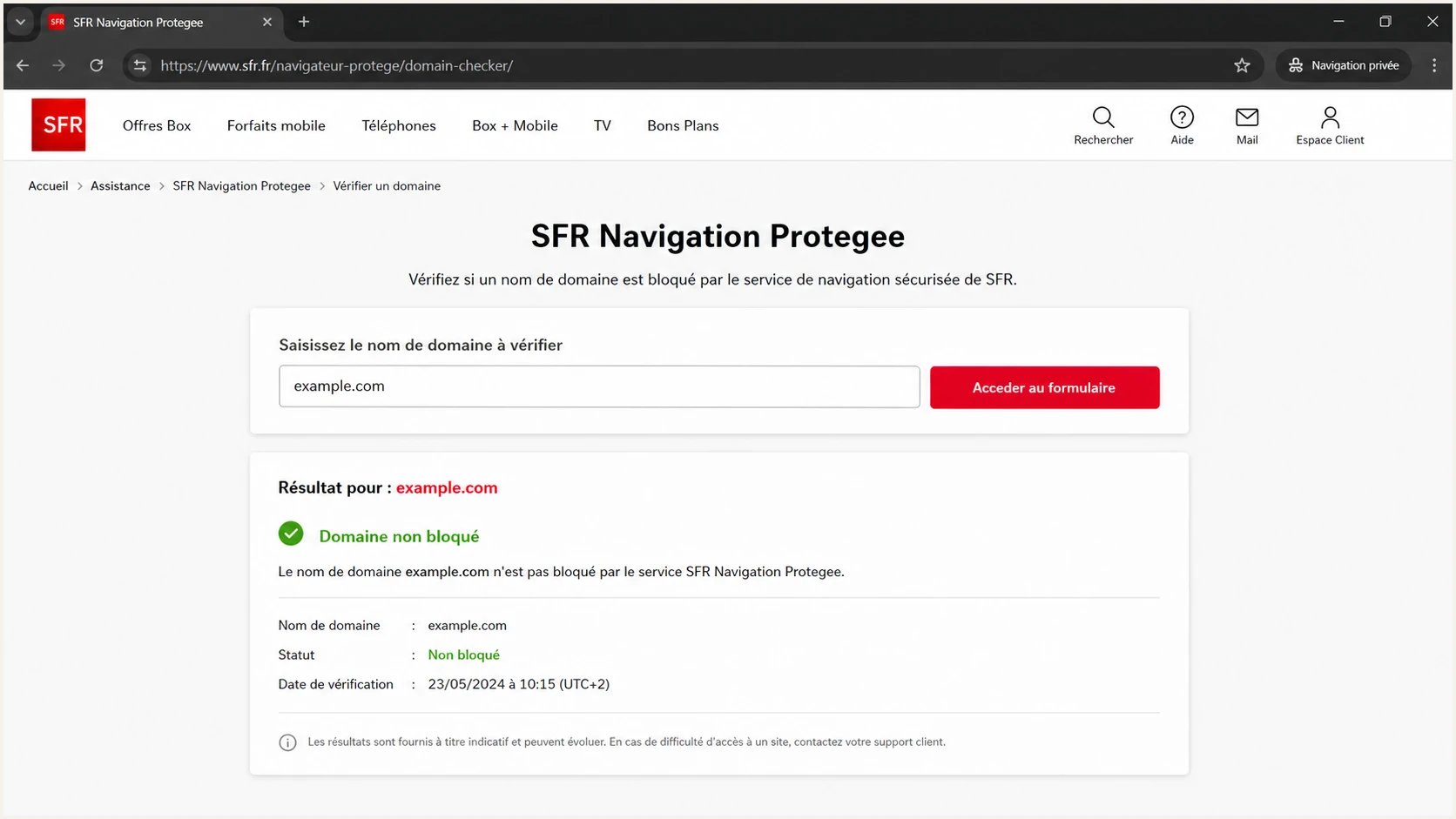 SFR Navigation Protegee page showing a domain review form and status result.