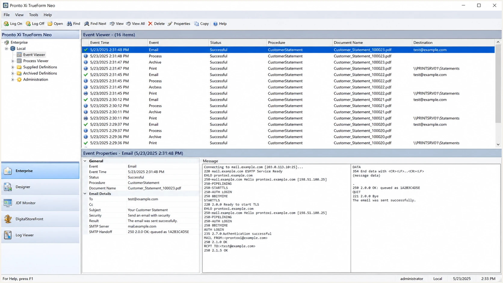 Pronto Xi TrueForm Neo Event Viewer after an email test