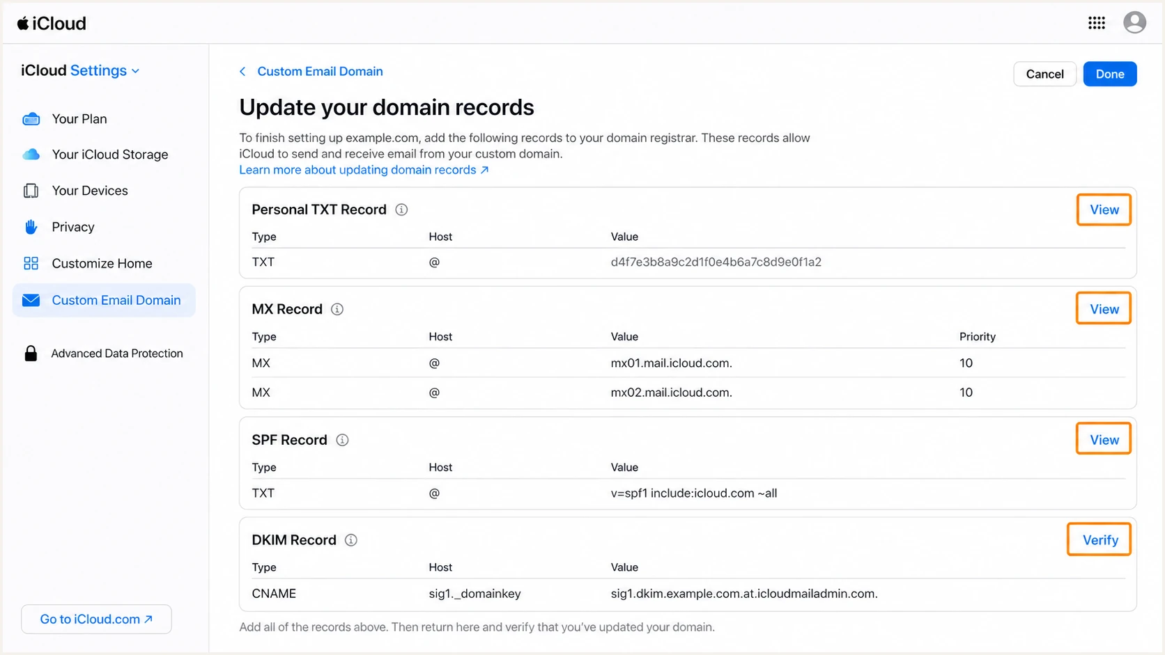 Apple iCloud manual DNS records for a custom domain