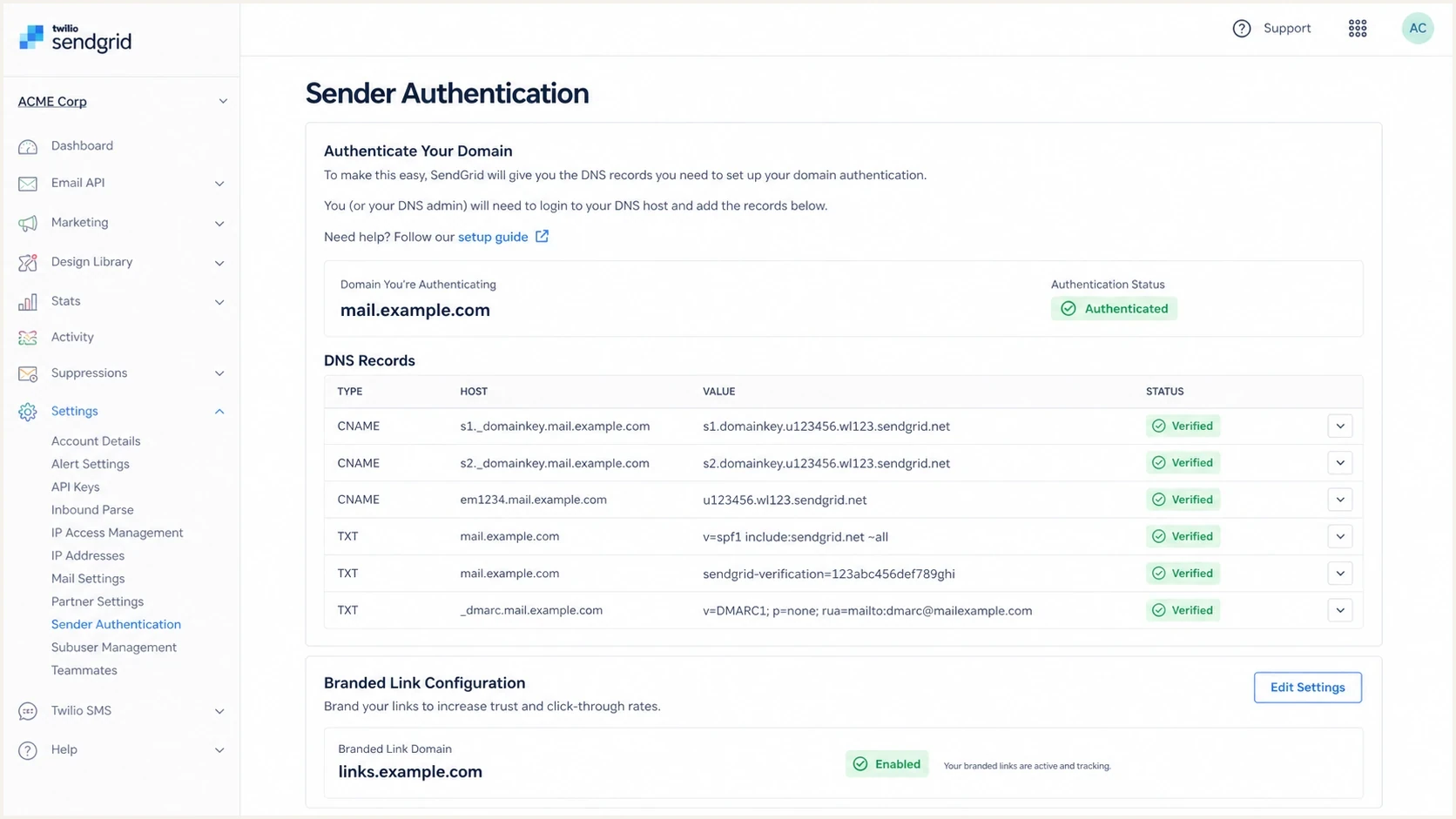 A SendGrid sender authentication screen with domain and link branding settings.