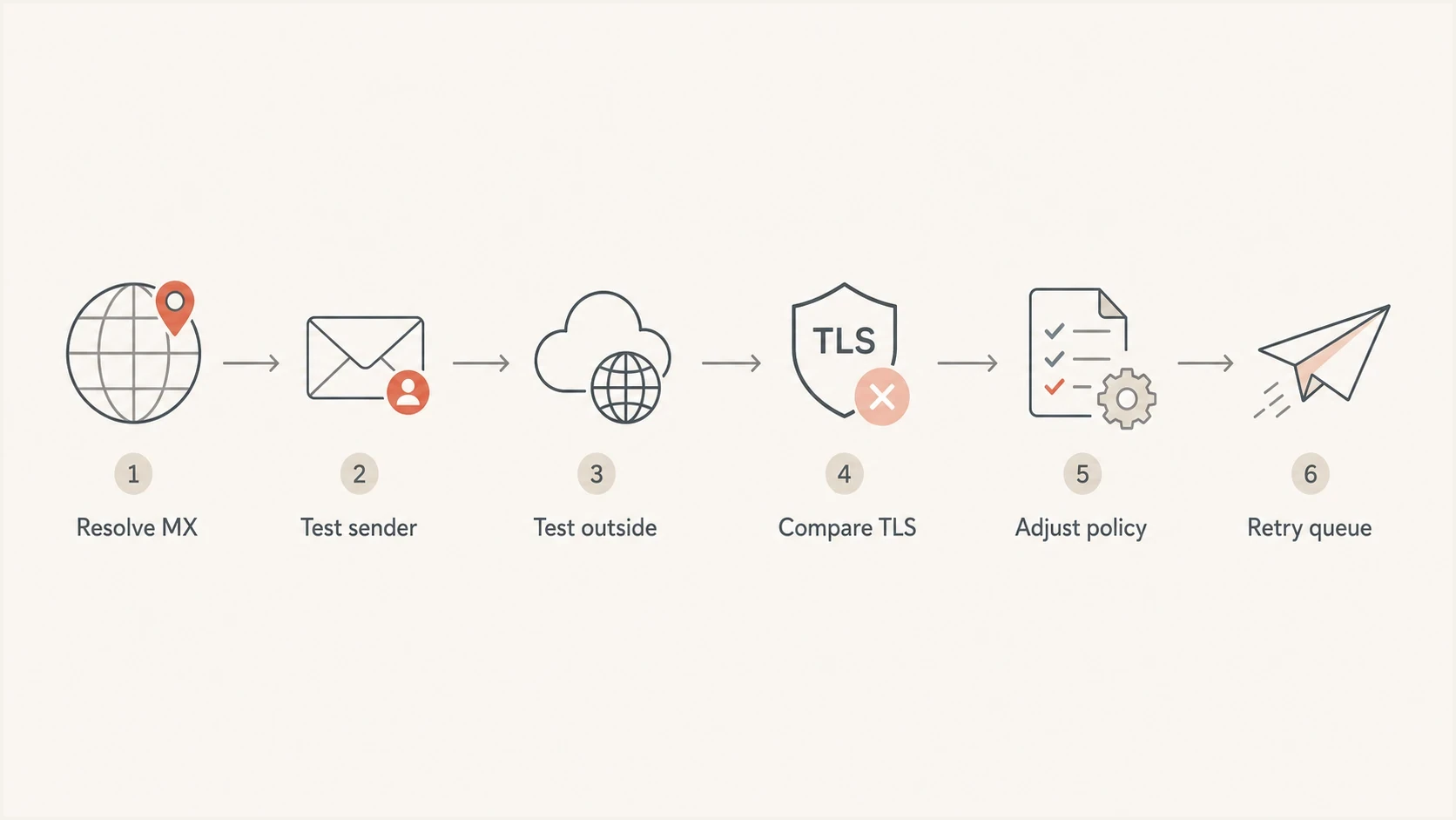 Diagnostic flowchart for isolating a STARTTLS TLS handshake failure by sender, receiver, and network path.
