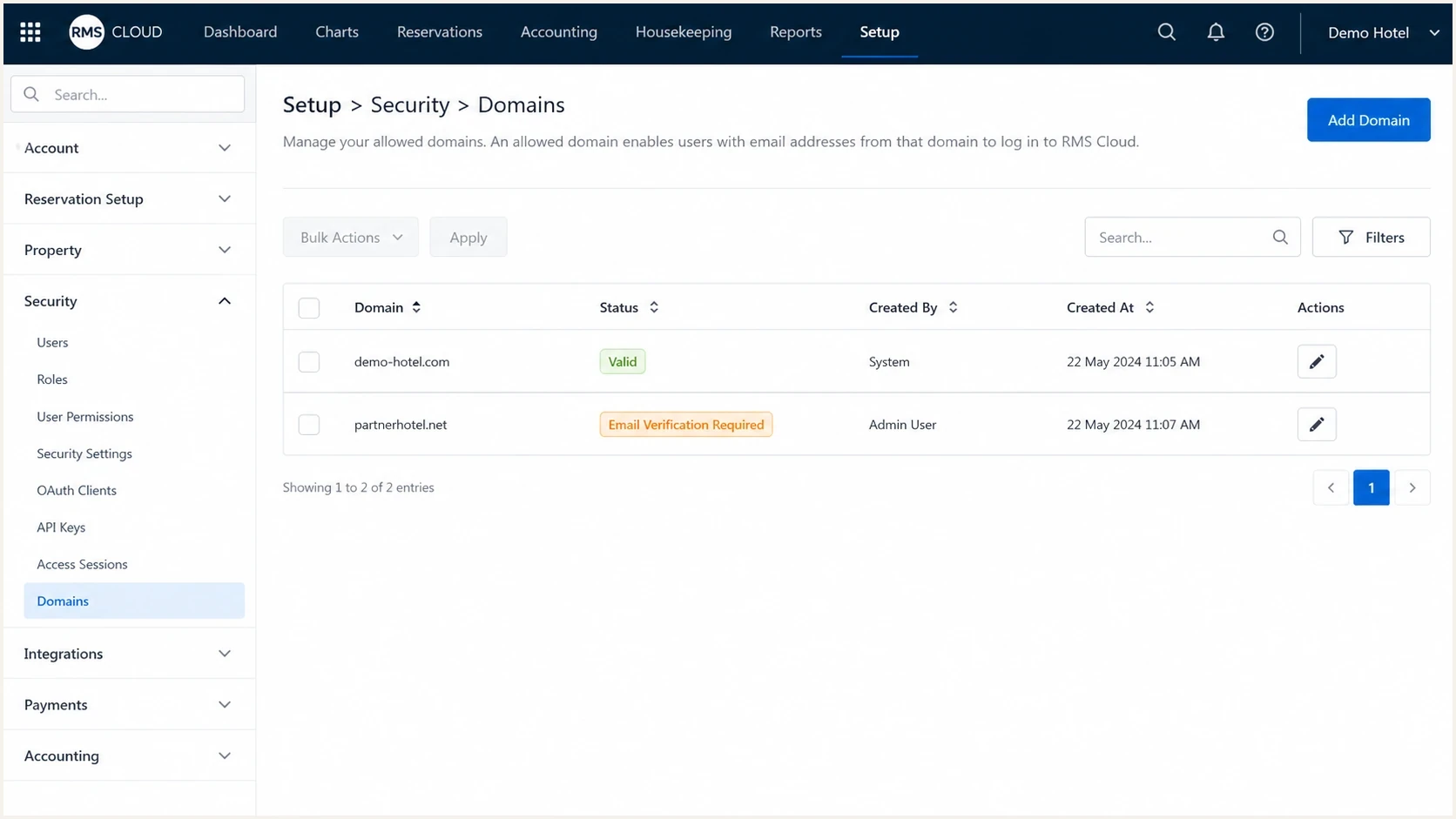 RMS Cloud Domains list showing Valid and pending verification statuses.
