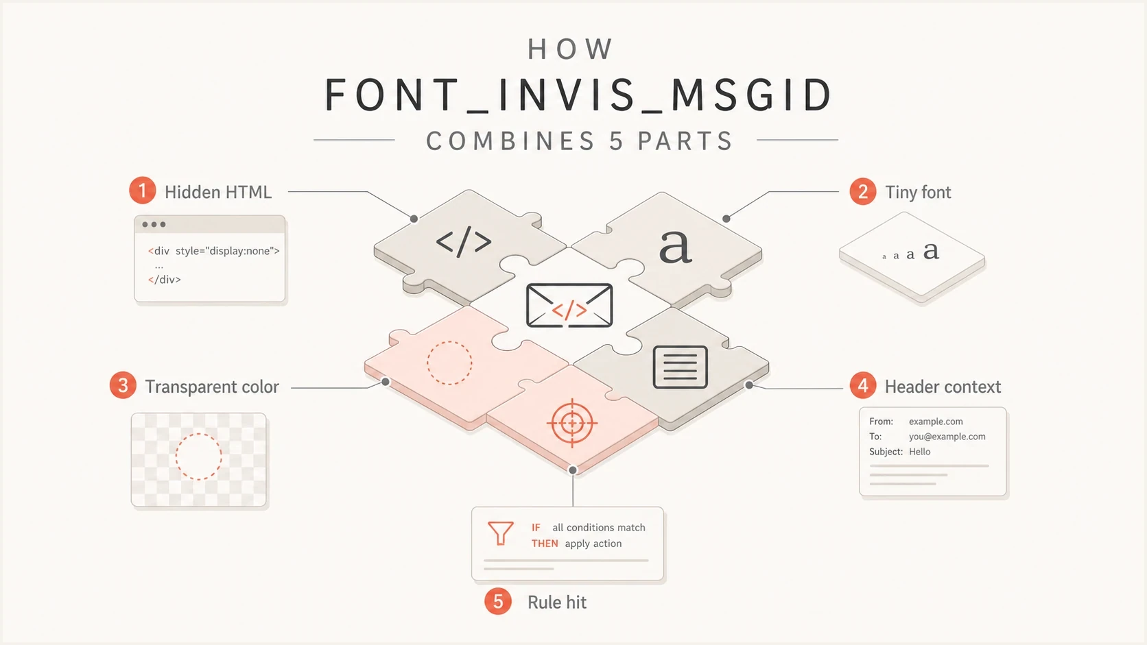 Infographic showing hidden HTML plus Message-ID context causing a rule hit.