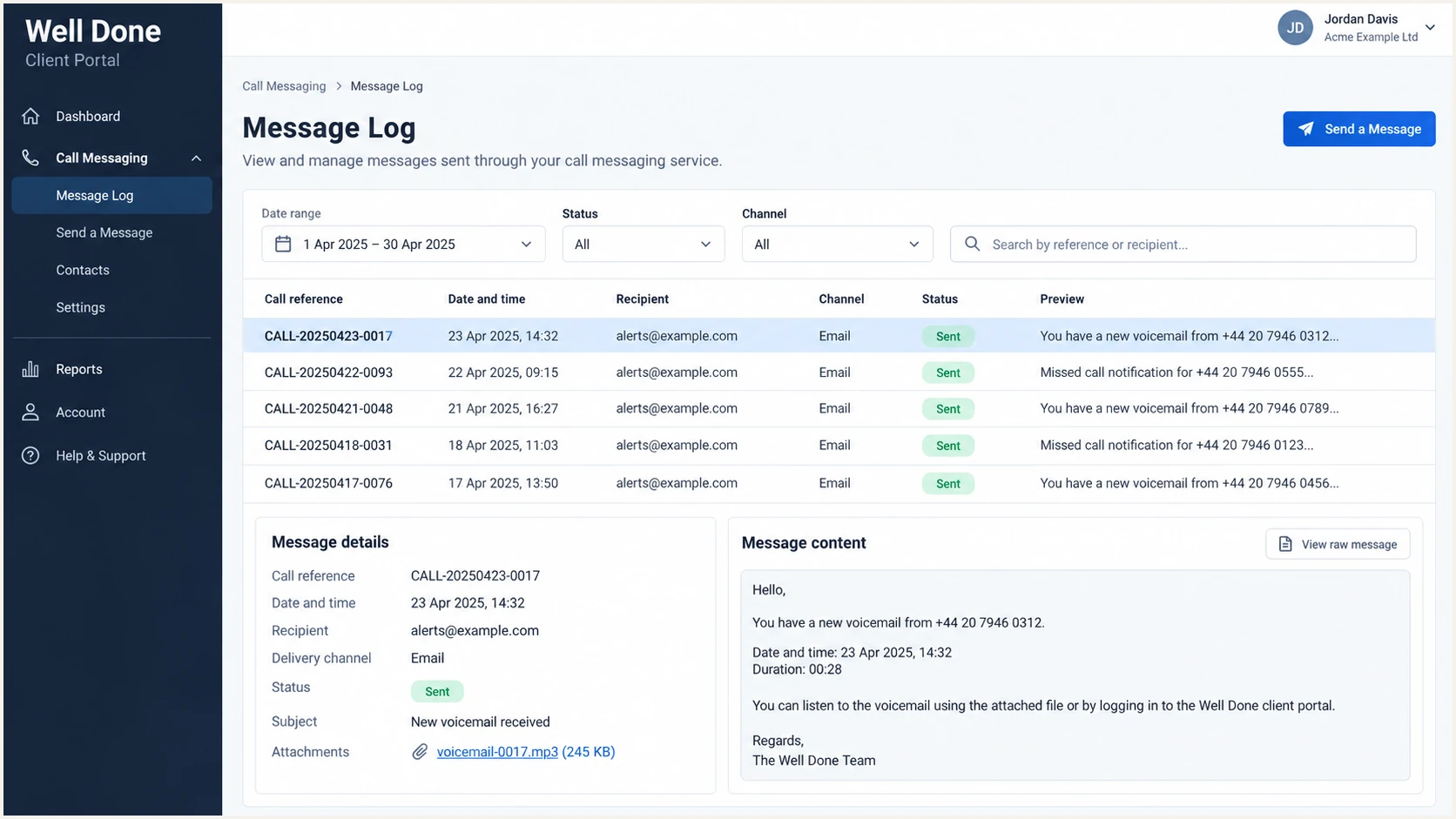 Well Done message log showing a sent email notification