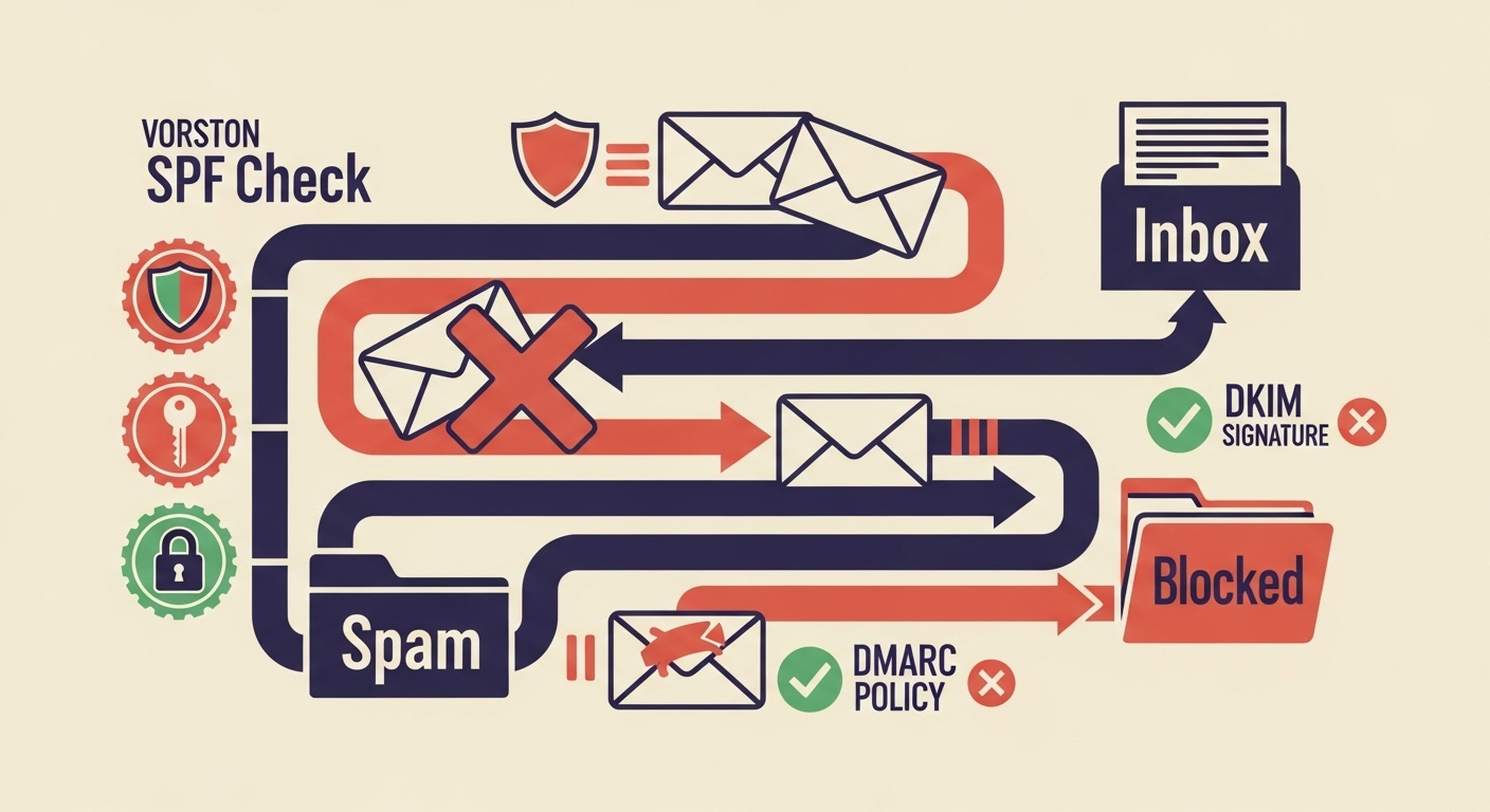 An illustration depicting the complex journey of an email through various authentication checks, with some emails being delivered and others blocked.