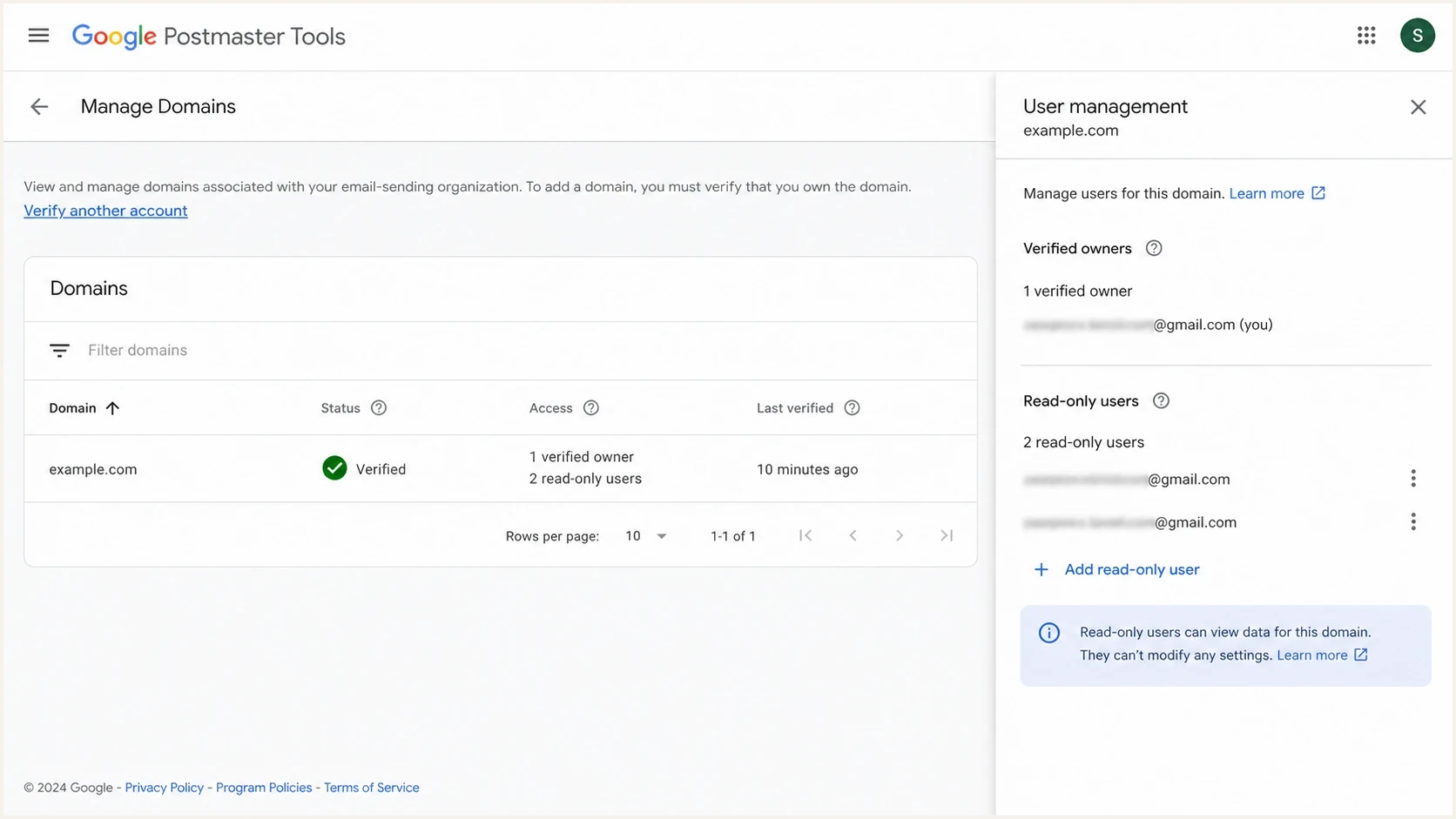 Google Postmaster Tools Manage Domains screen with owner and read-only access.
