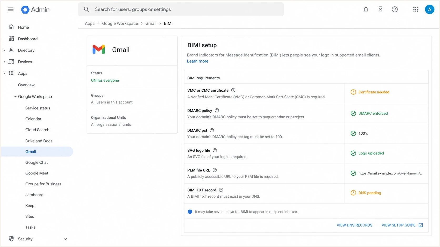 Google Workspace Admin BIMI setup requirements with VMC or CMC certificate fields.