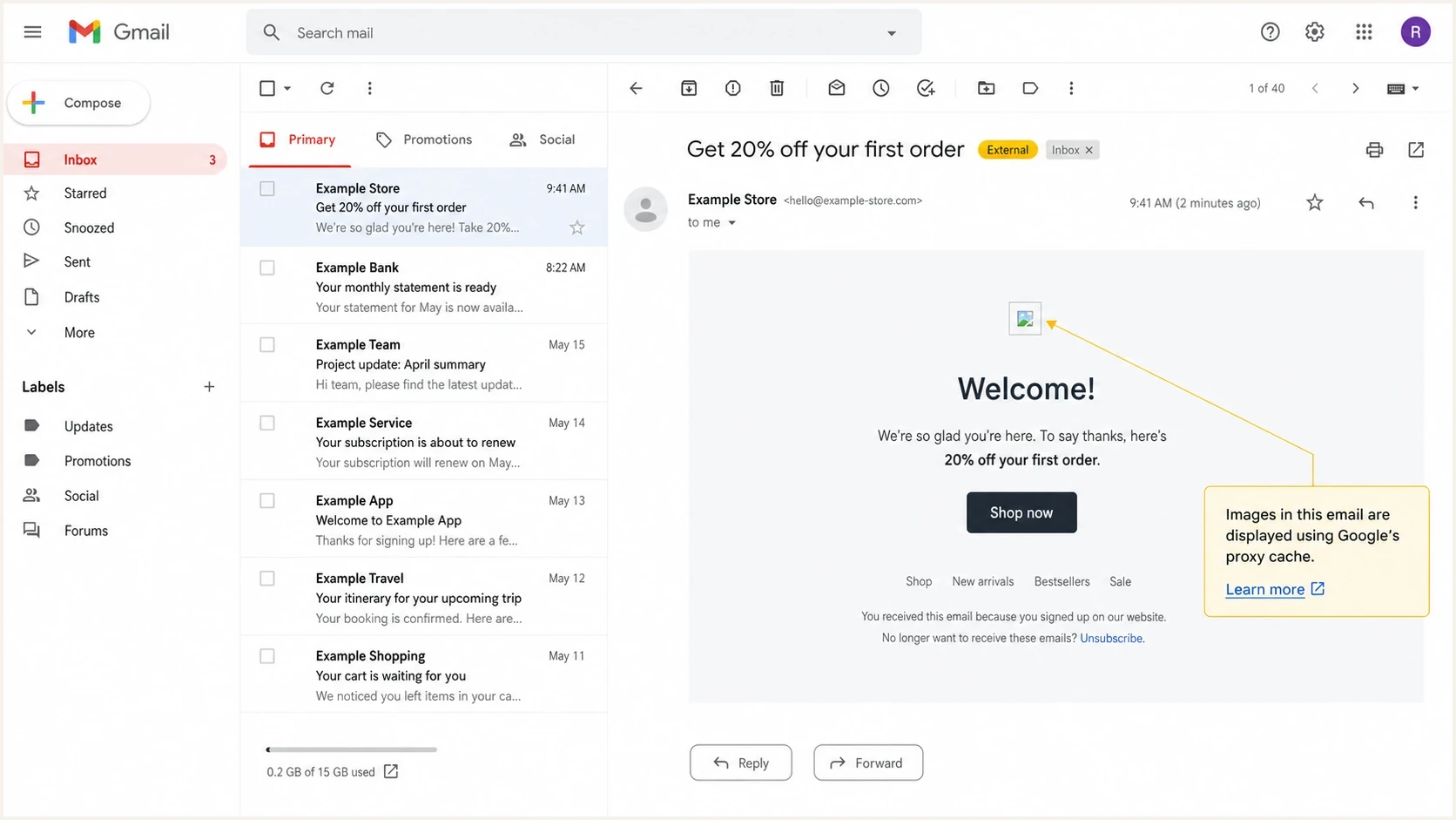 Gmail message view with remote images served through Google's image proxy cache.