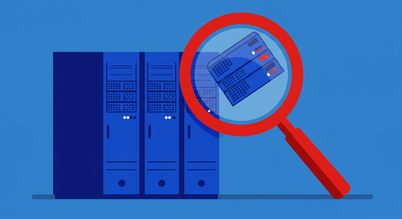 A minimalist retro illustration of a large magnifying glass examining a server rack, symbolizing the inspection of email servers for blacklists.