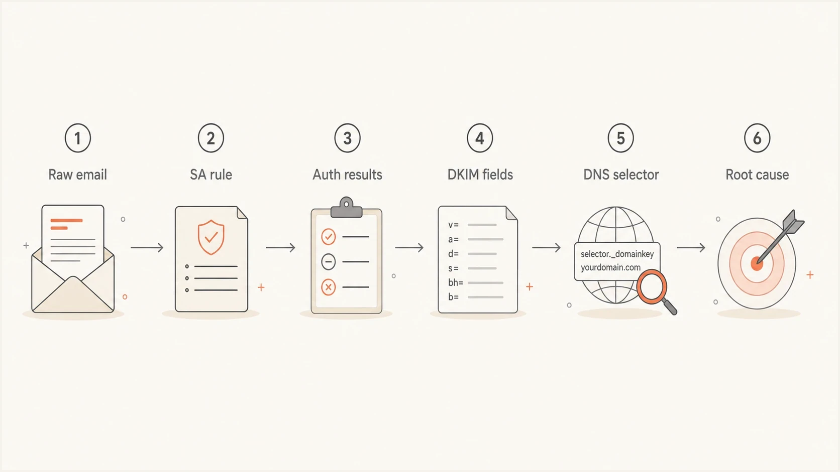 A DKIM troubleshooting flow: raw email, SpamAssassin rule, authentication results, DKIM fields, DNS selector, root cause.