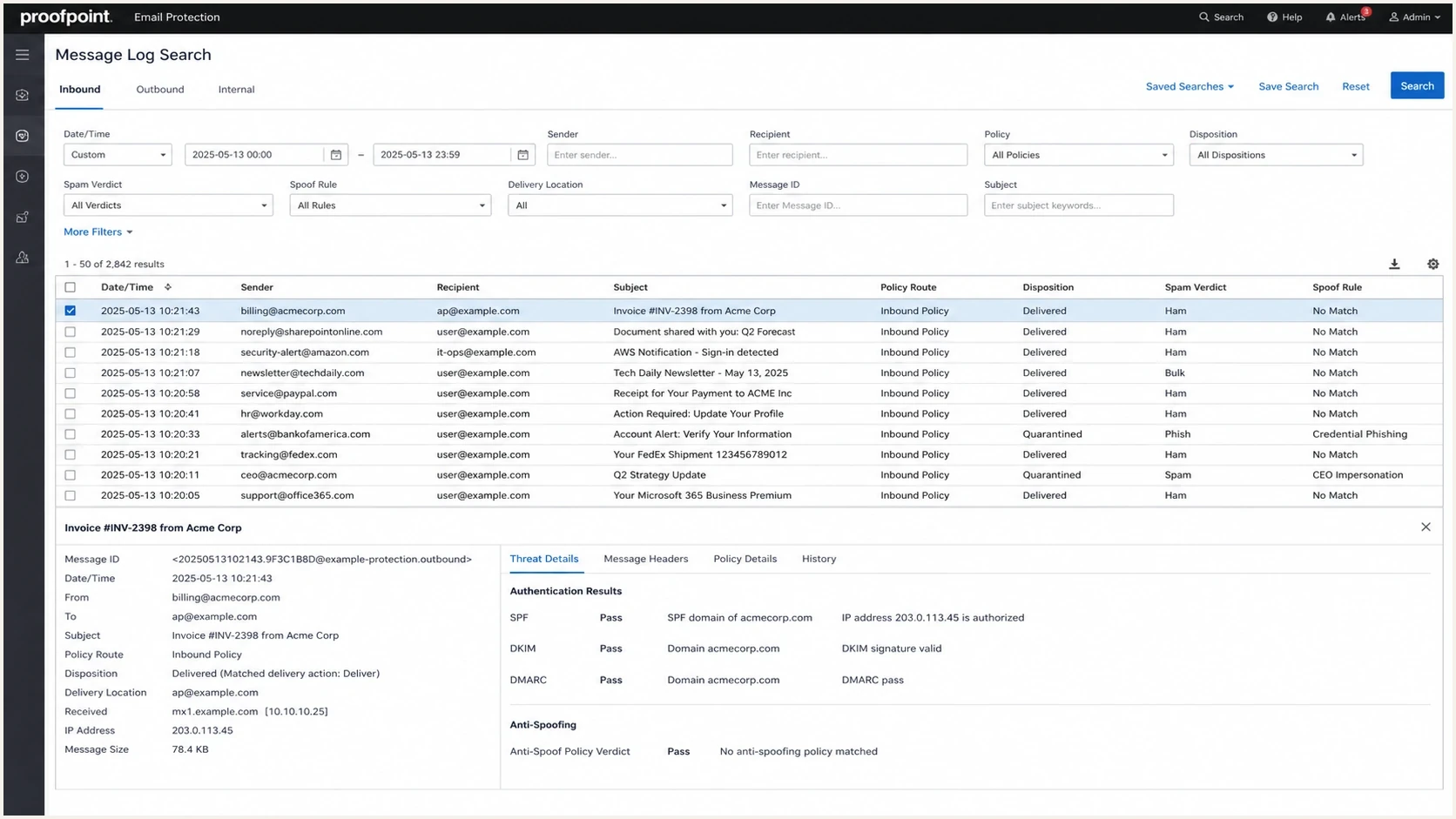 Proofpoint Email Protection log search showing a spoof policy hit on an authenticated email.