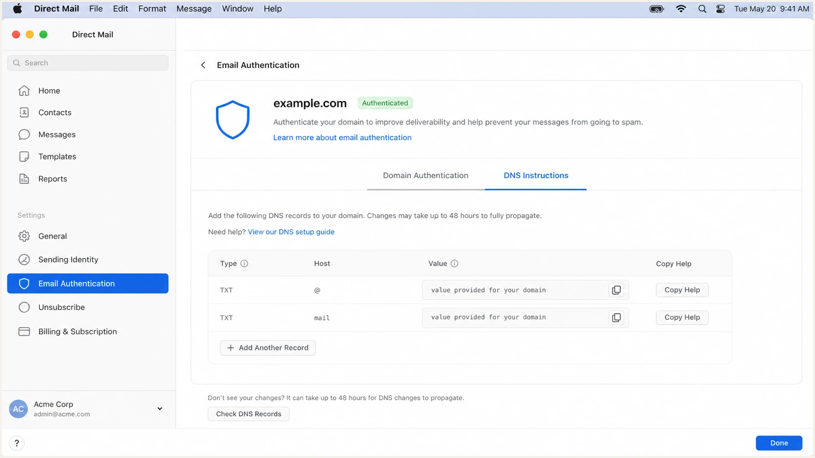 Direct Mail for Mac displaying domain-specific DNS authentication instructions.