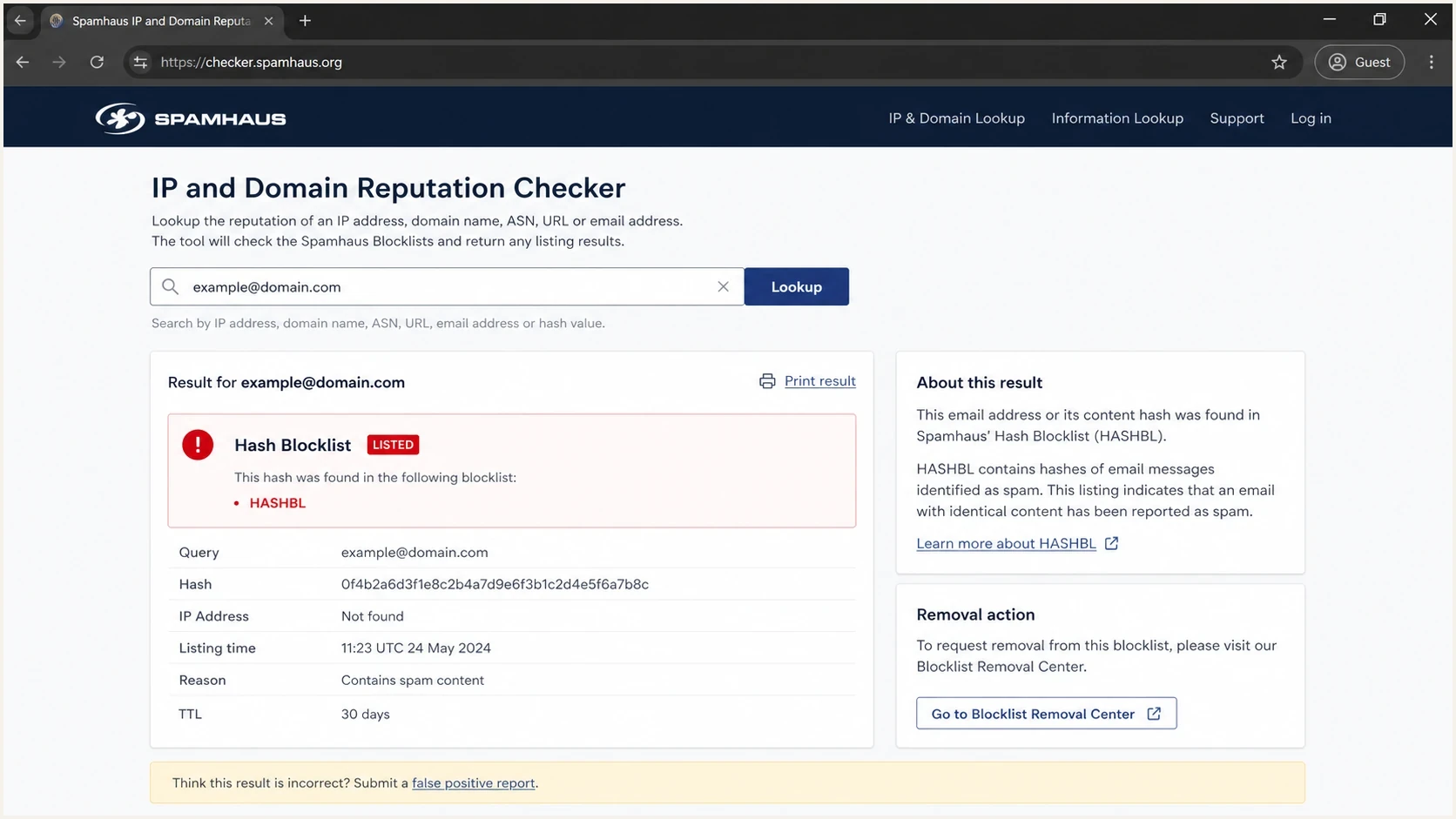 Spamhaus reputation checker screen showing an HBL lookup result.