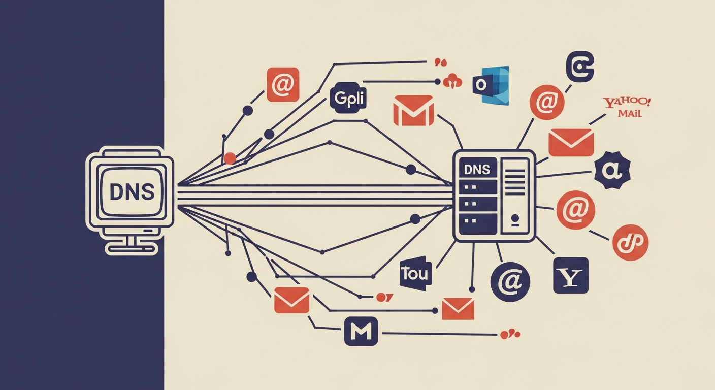 Illustration of a DNS server attempting to manage numerous email service provider connections.