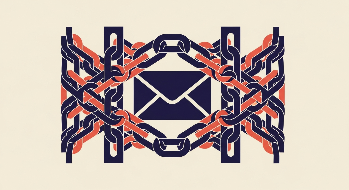 An illustration showing multiple email security protocols forming a strong barrier around an email icon.