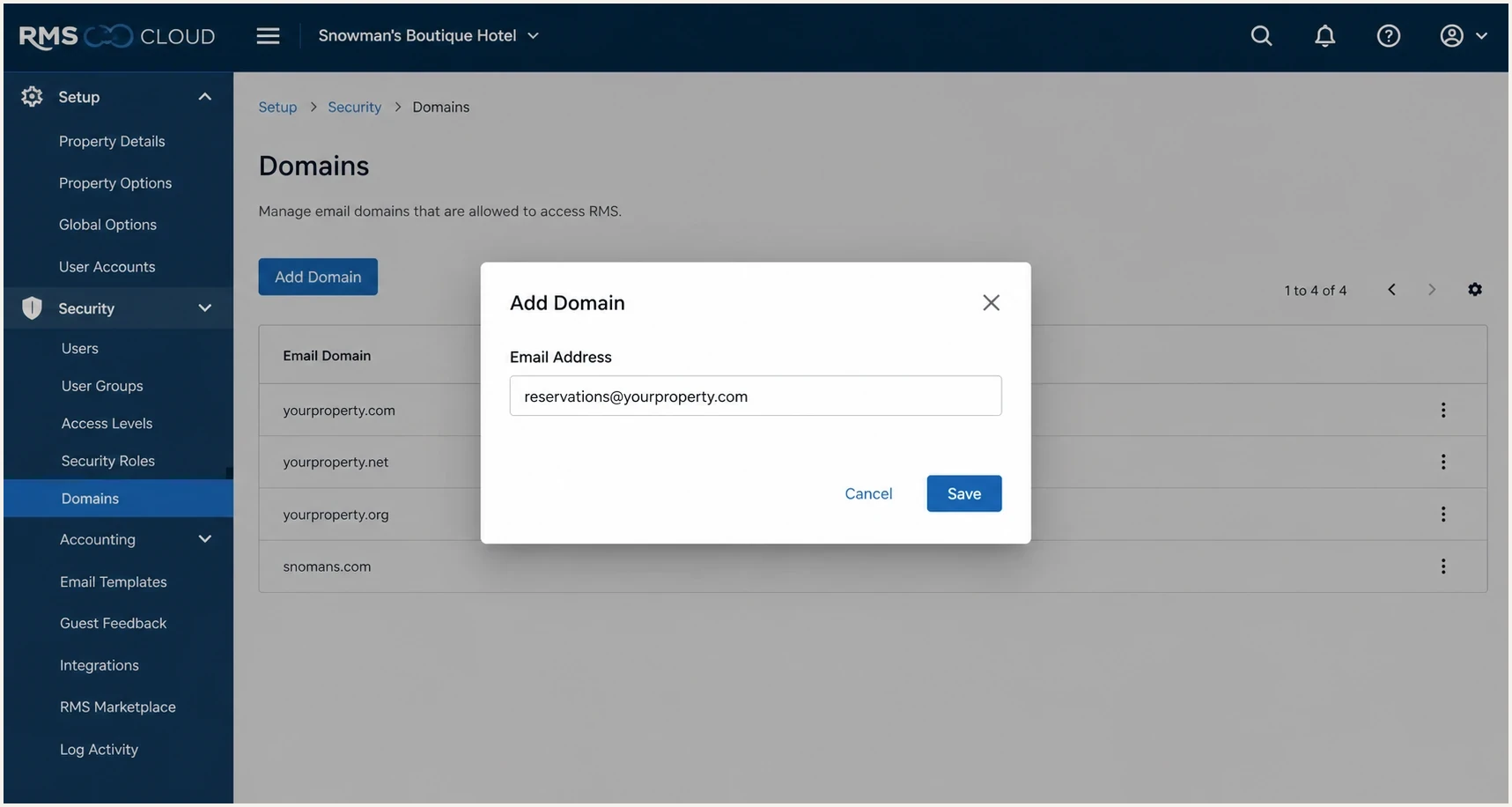 RMS Cloud Add Domain dialog for entering the sending email address.