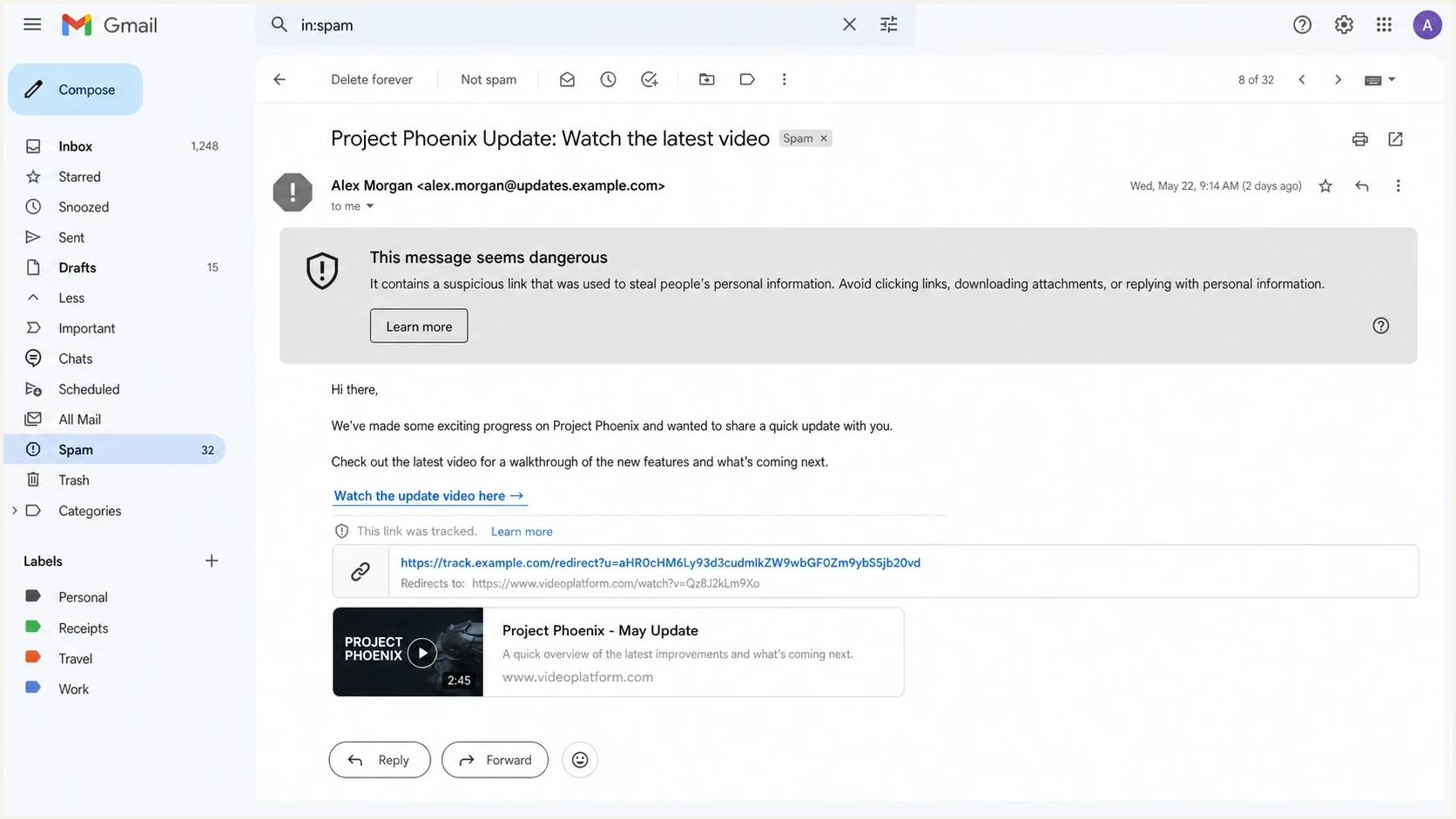 Gmail spam folder warning on an email that contains a video link.