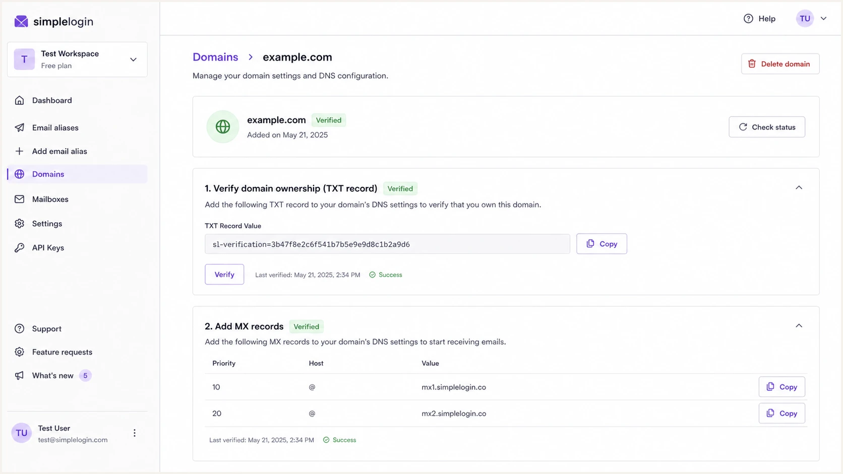 SimpleLogin custom domain DNS verification page