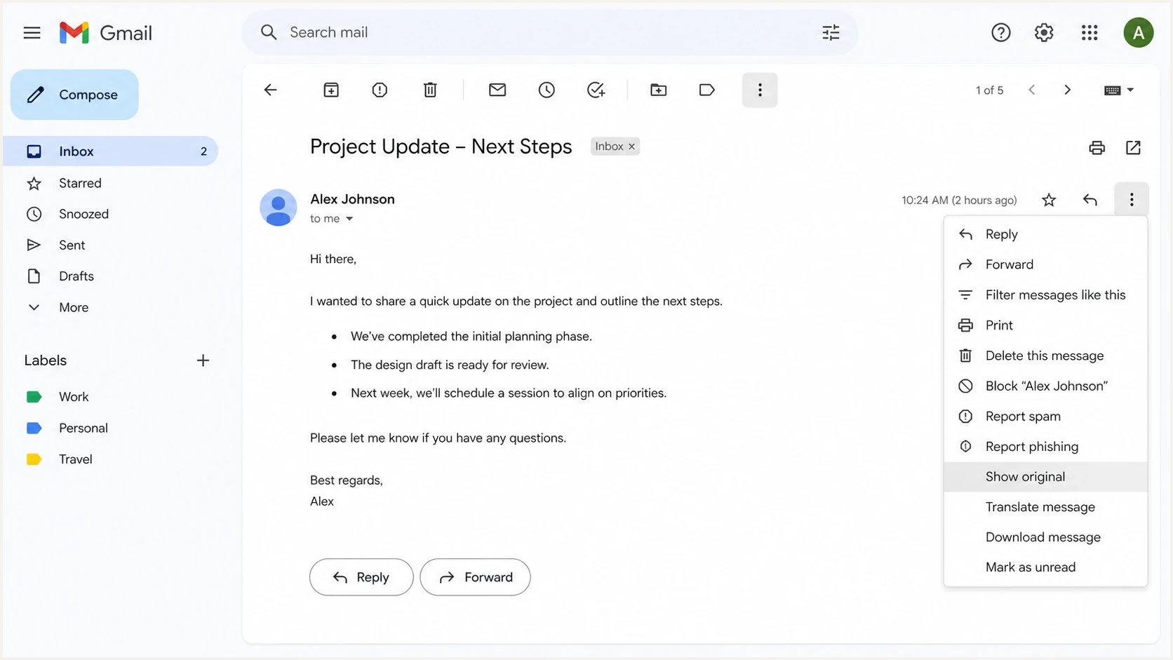 Gmail message menu with Show original selected for header inspection.