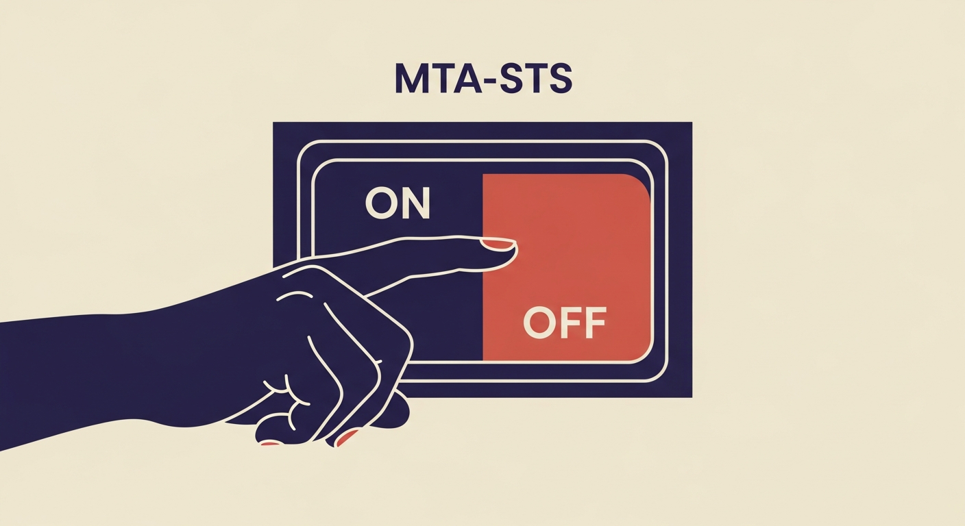 Stylized hand flipping an MTA-STS switch to the 'OFF' position, illustrating 'none' mode activation.