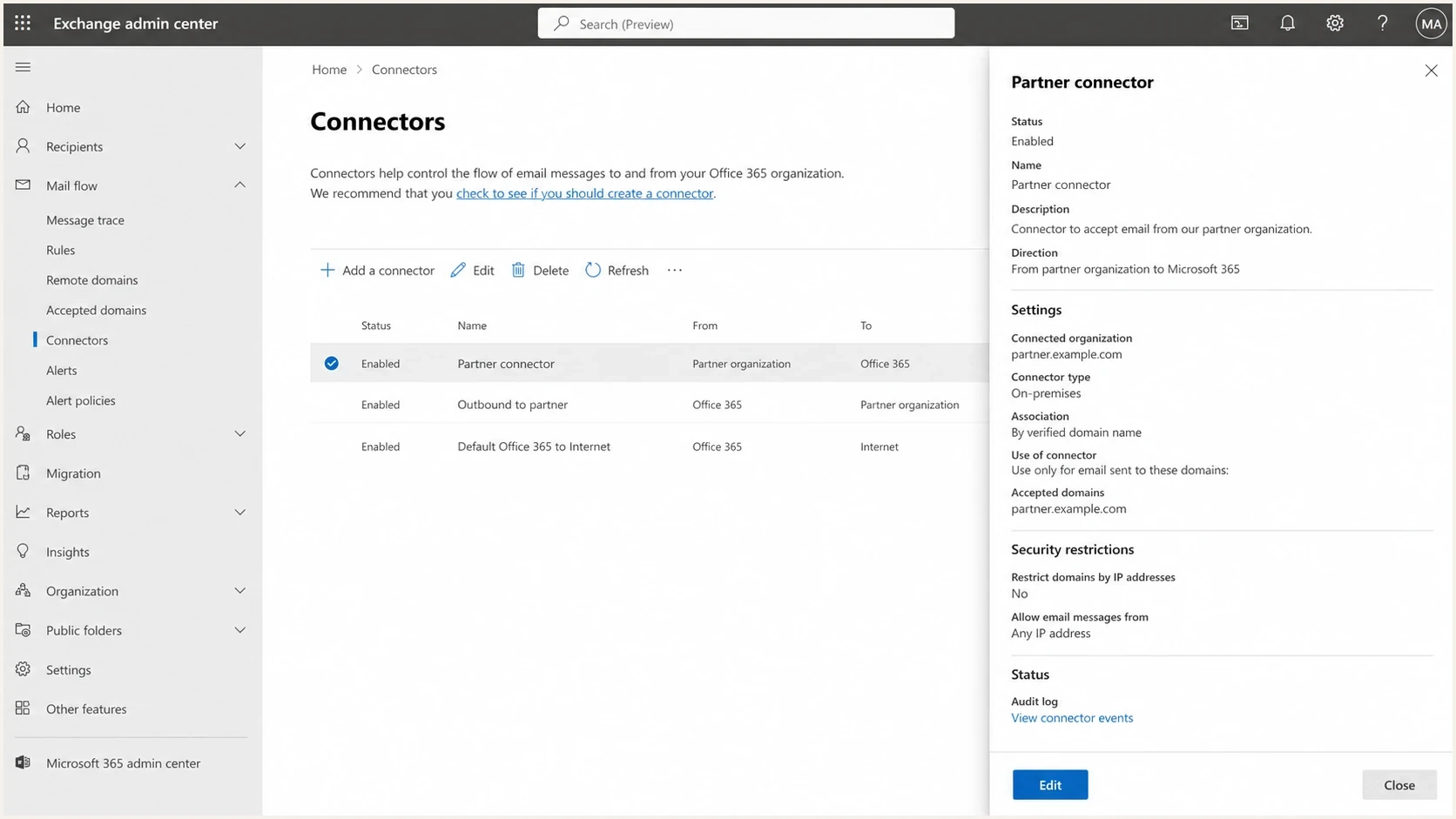Microsoft Exchange admin center connector settings for trusted mail flow.