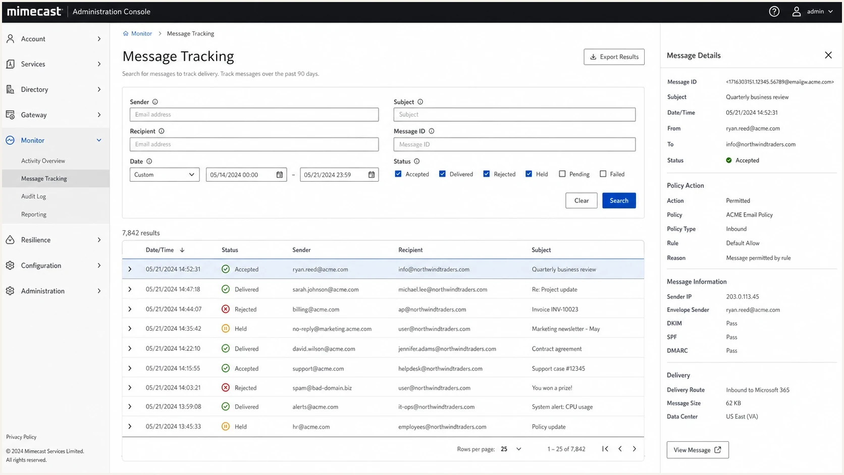 Mimecast Administration Console message tracking screen with delivery status and policy details.