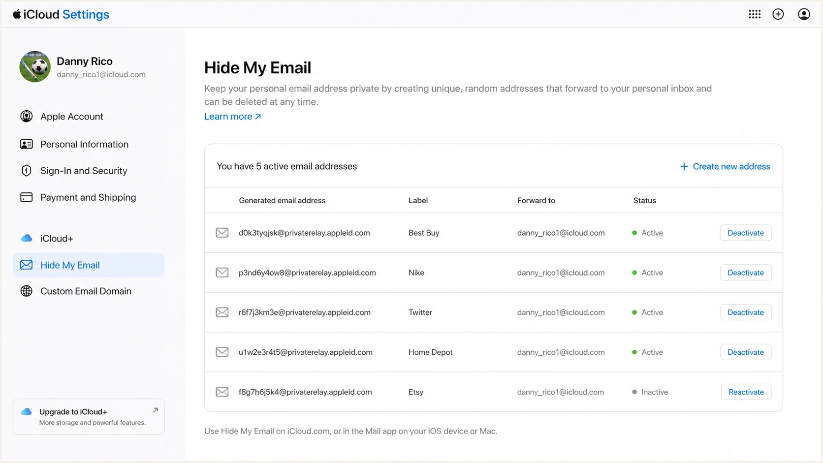 Apple iCloud Hide My Email settings screen showing random address management.