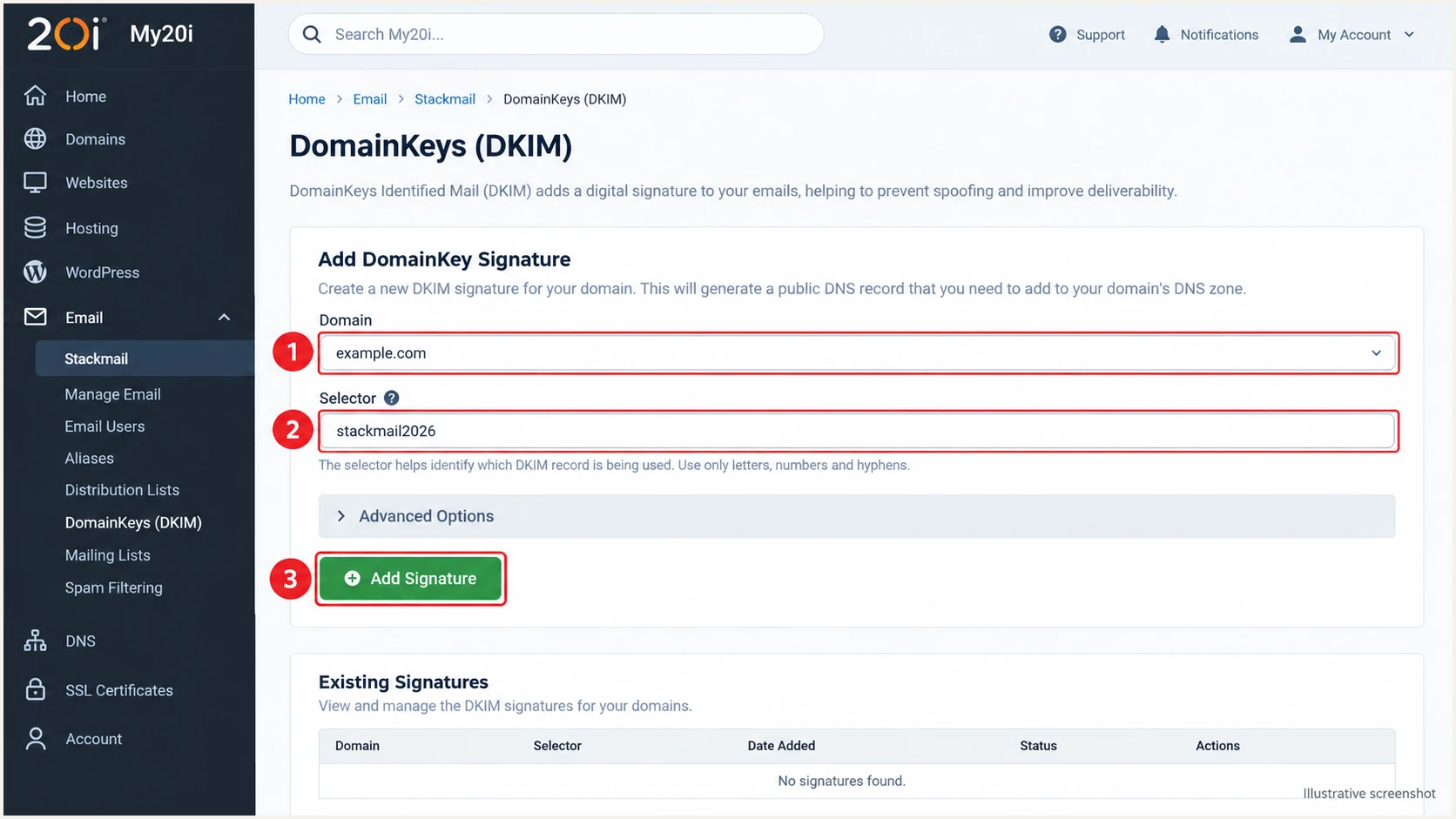 Illustrative My20i DomainKeys screen for enabling Stackmail DKIM signing.