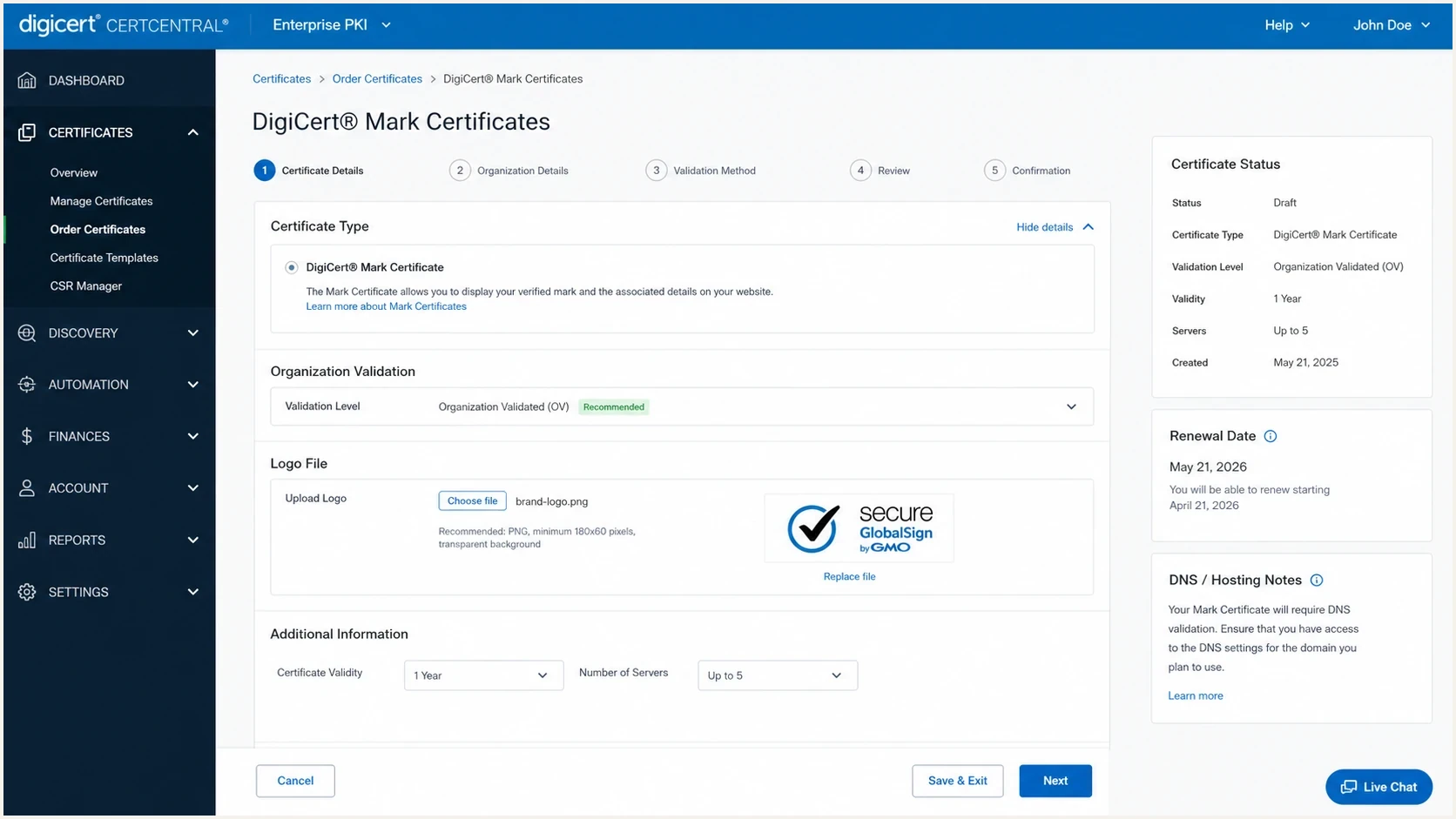 DigiCert CertCentral screen for managing mark certificates.