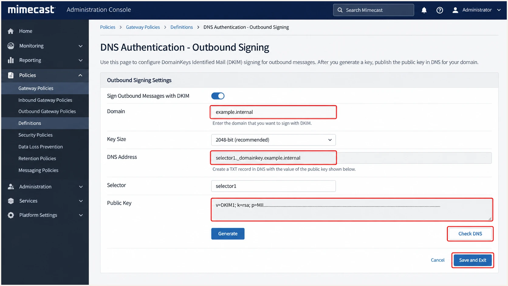 Mimecast outbound DKIM signing definition and DNS check